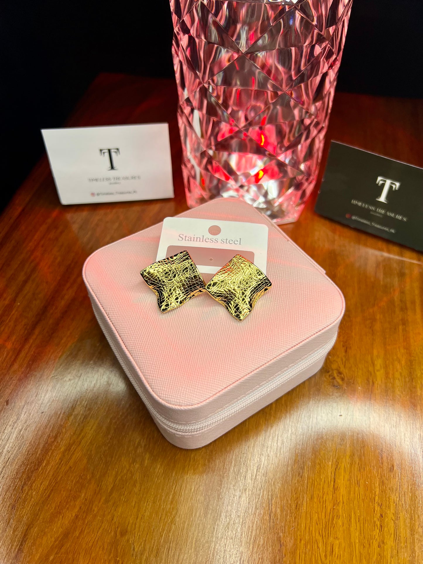 Premium Quality Stainless Steel 18k Square Shape Golden Earrings