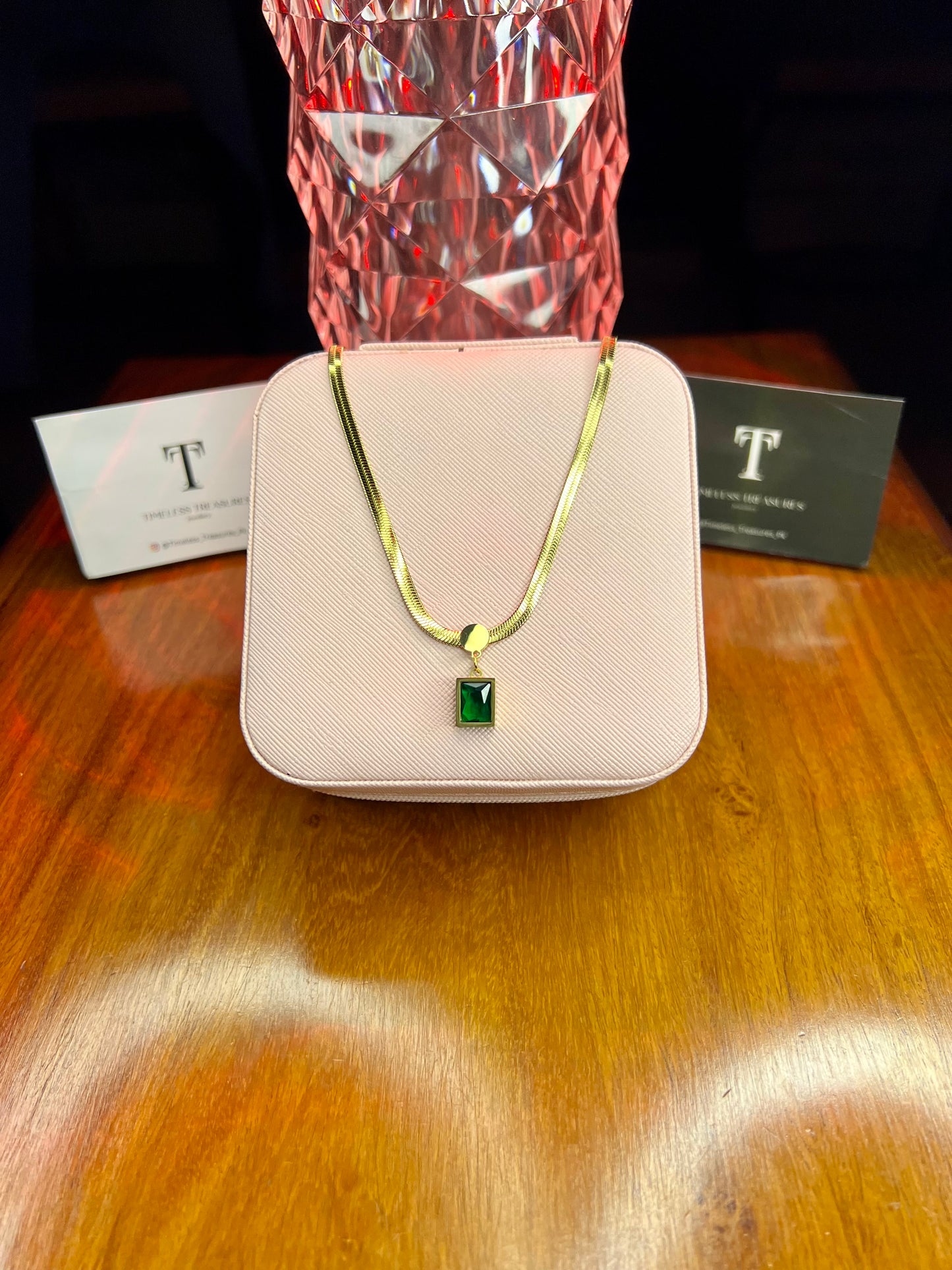 Premium Quality Stainless Steel 18k Green Stone Snake Chain Necklace