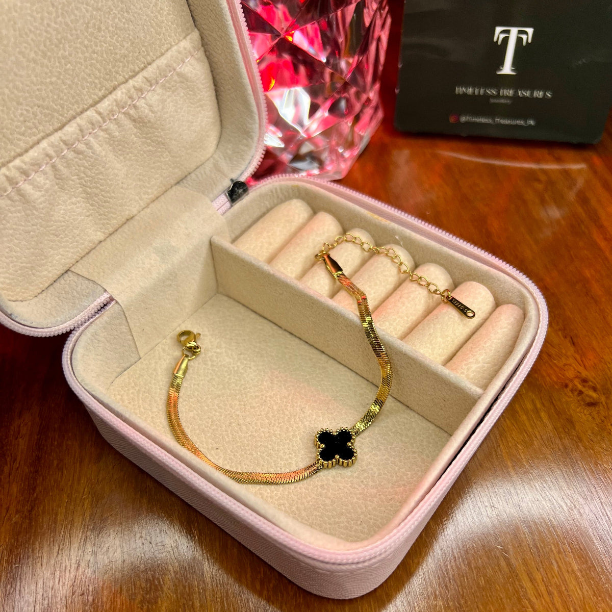 Premium Quality Stainless Steel 18k Black Clover Snake chain Bracelet