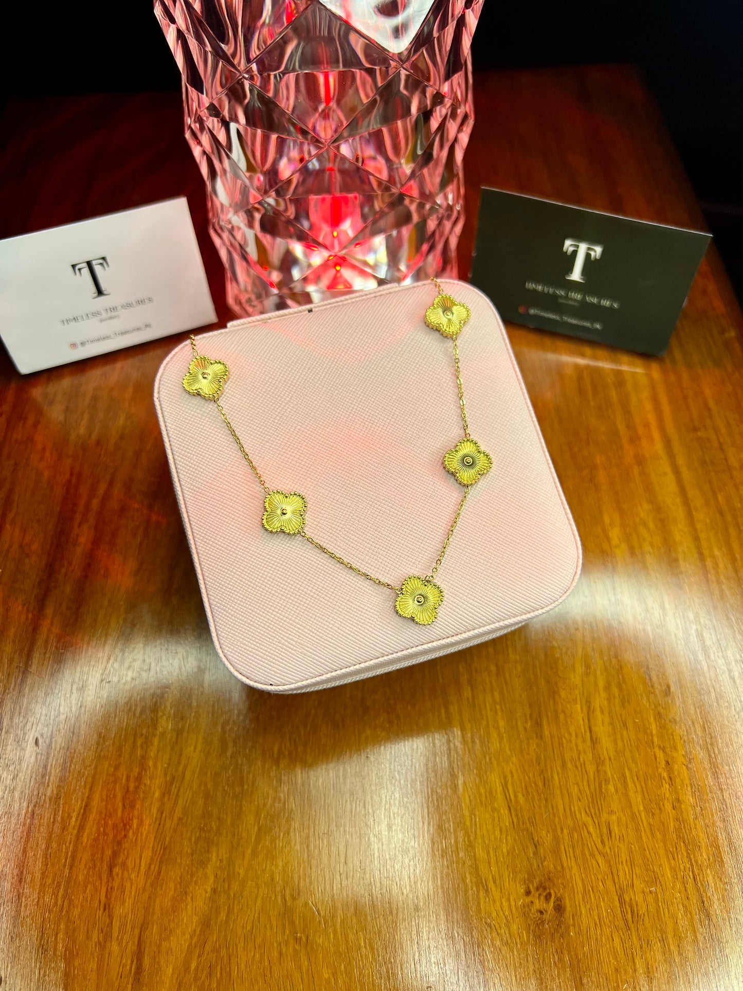 Premium Quality Stainless Steel 18k Golden Clover 5 Motifs Necklace