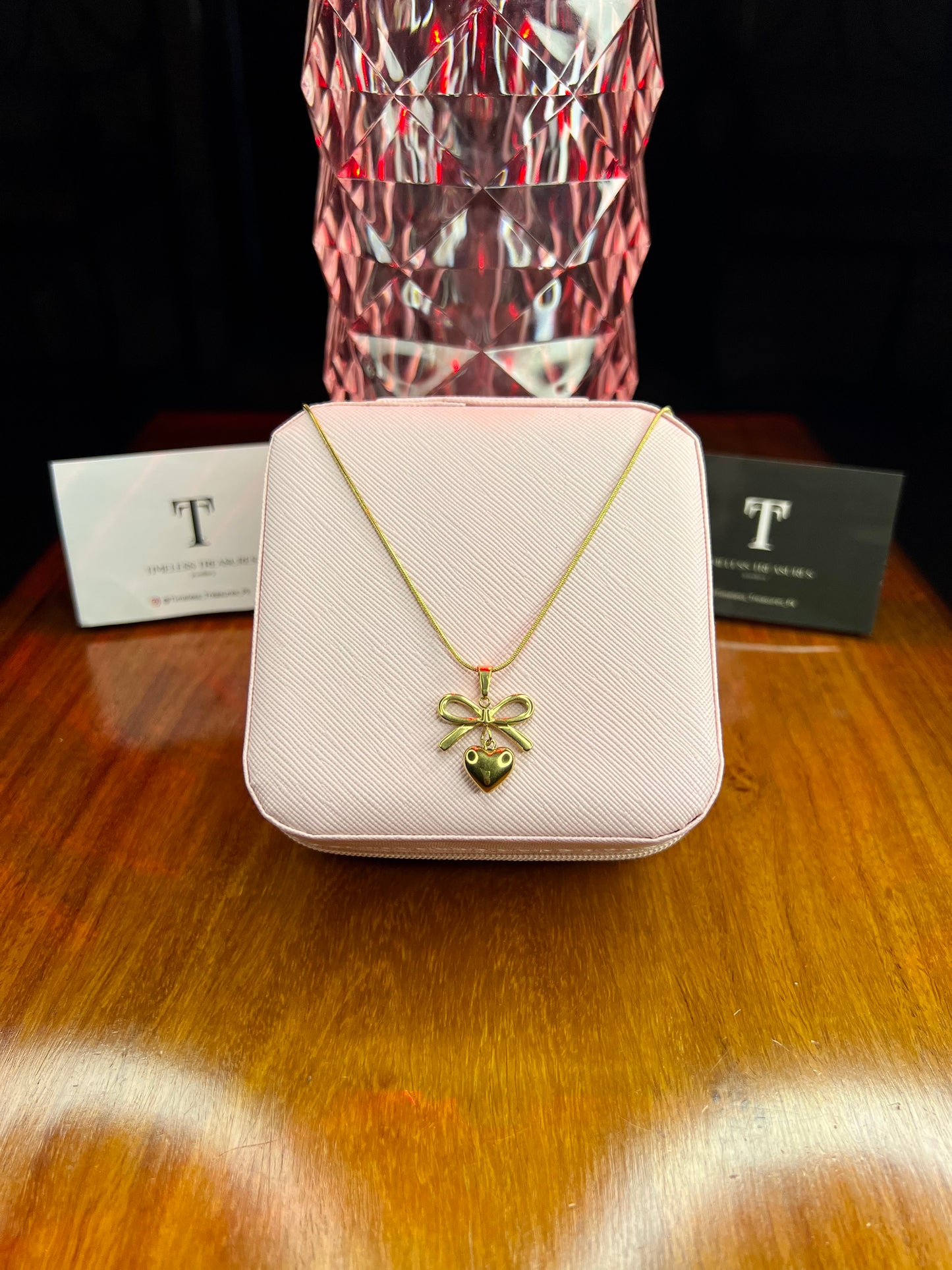 Premium Quality Stainless Steel 18k Golden Heart Bow Necklace