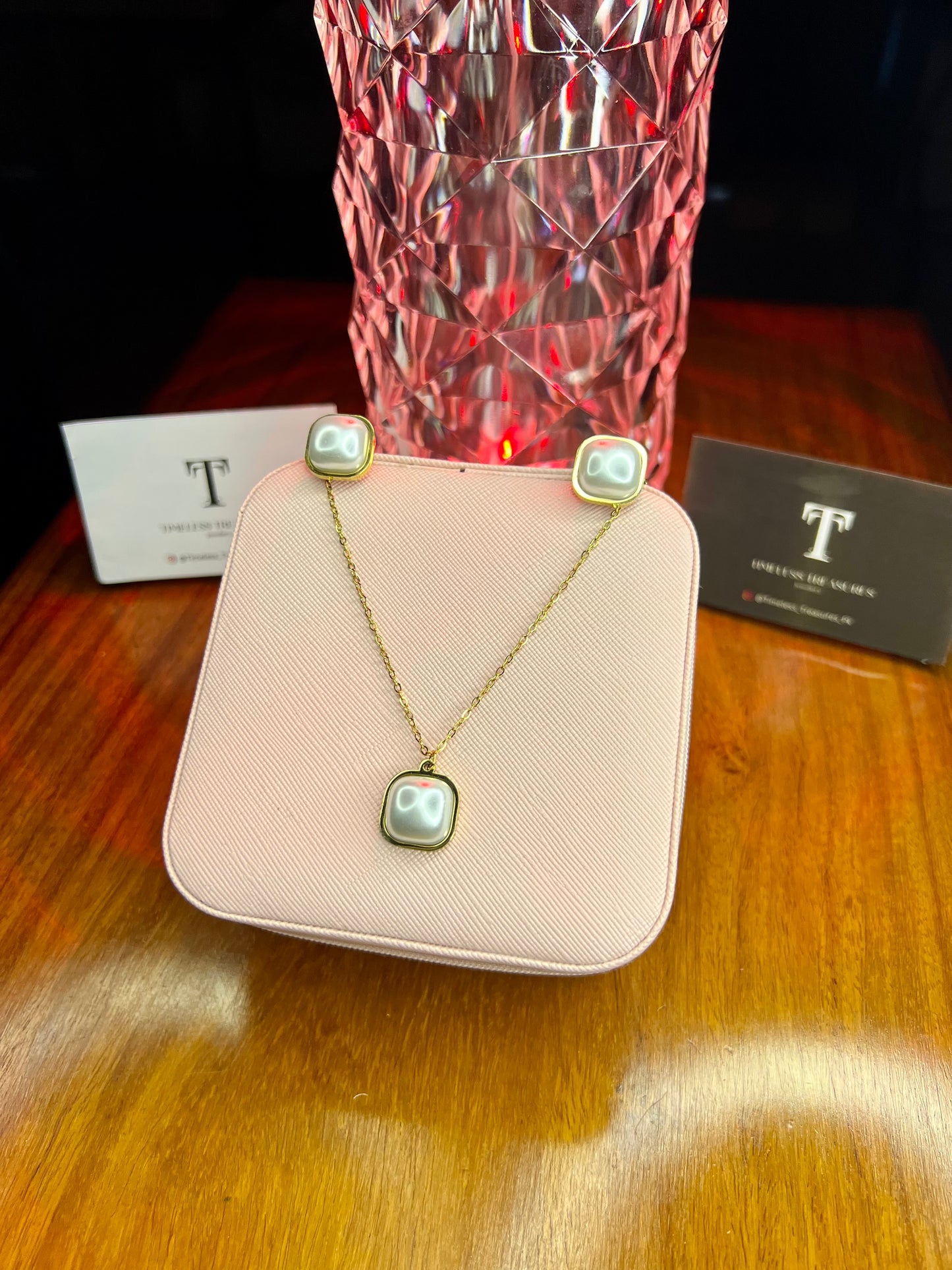 Premium Quality Stainless Steel 18k Pearl Necklace Earring Set