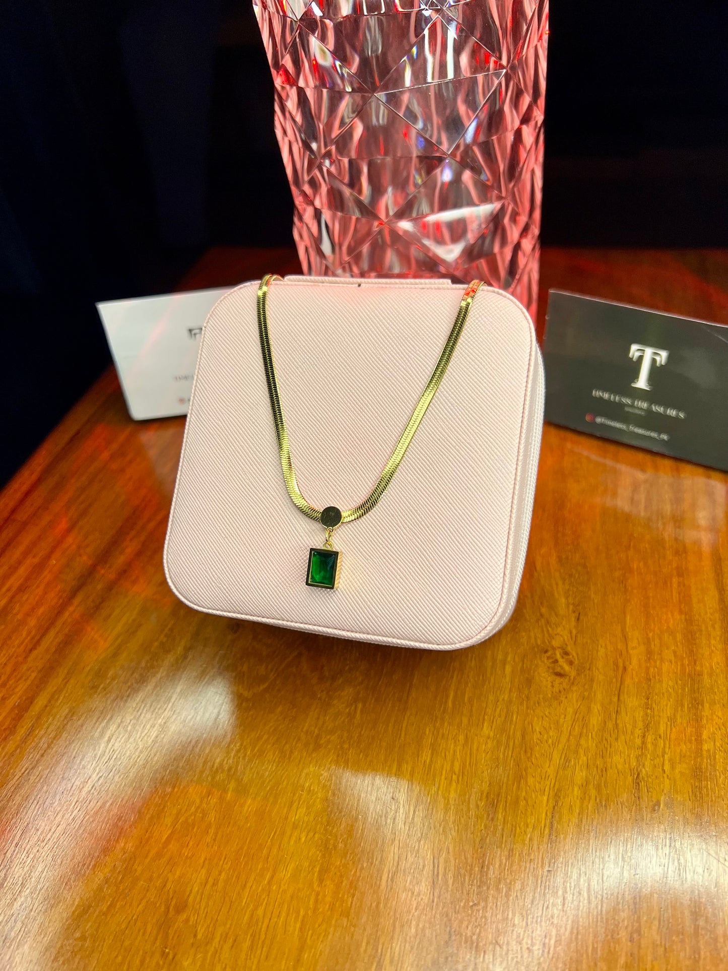 Premium Quality Stainless Steel 18k Green Stone Snake Chain Necklace