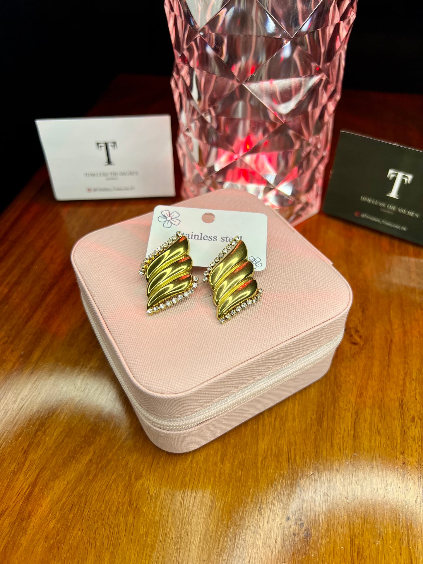 Premium Quality Stainless Steel 18k Gold Wings Zircon Earrings