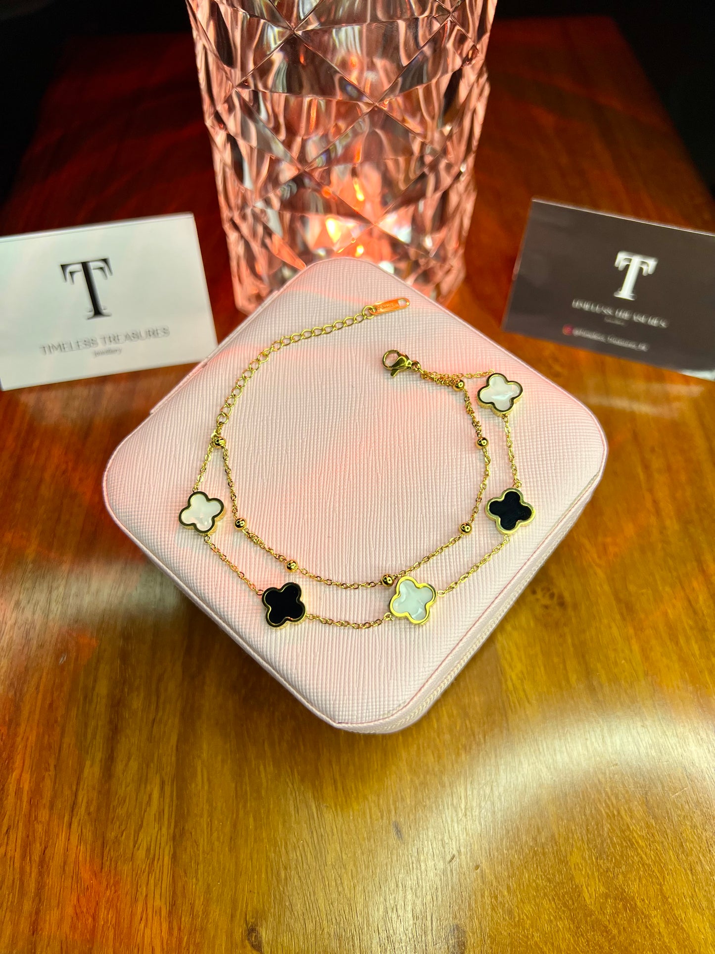 Premium Quality Stainless Steel 18k Double Chain Clover Bracelet
