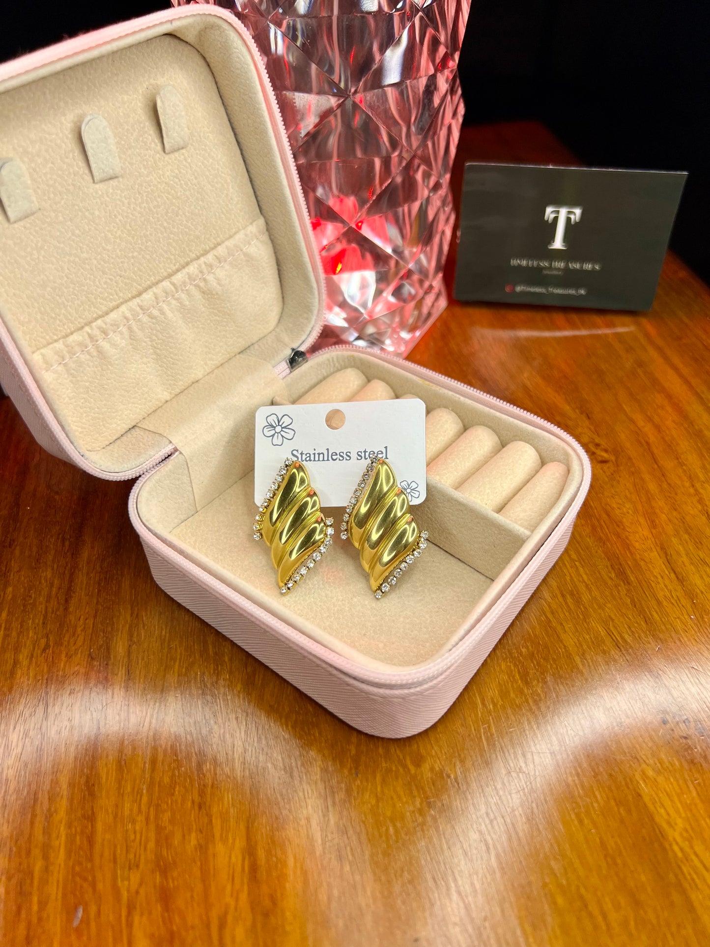 Premium Quality Stainless Steel 18k Gold Wings Zircon Earrings
