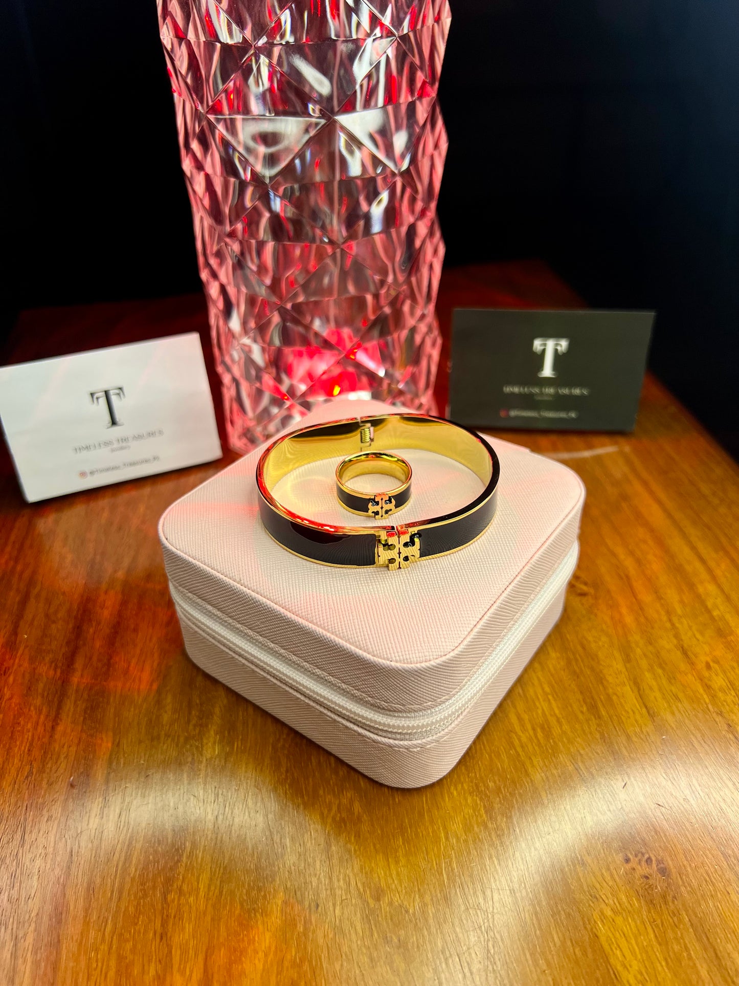 Premium Quality Stainless Steel 18k Tory Black Handcuff + Ring Set