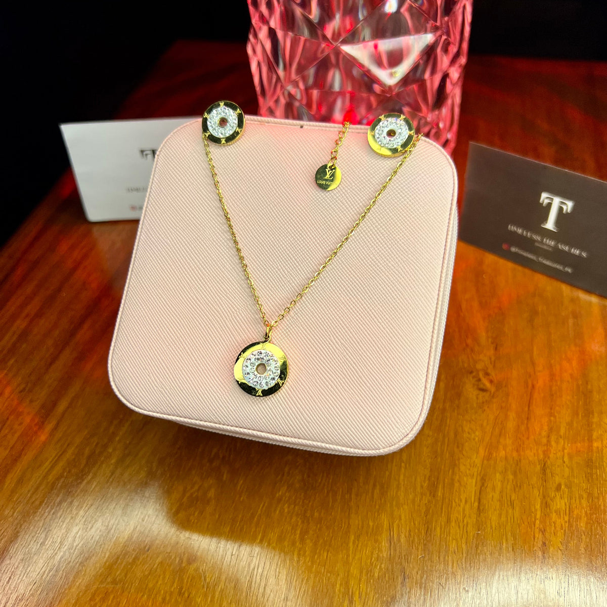 Premium Quality Stainless Steel 18k Lv Necklace Earring Set