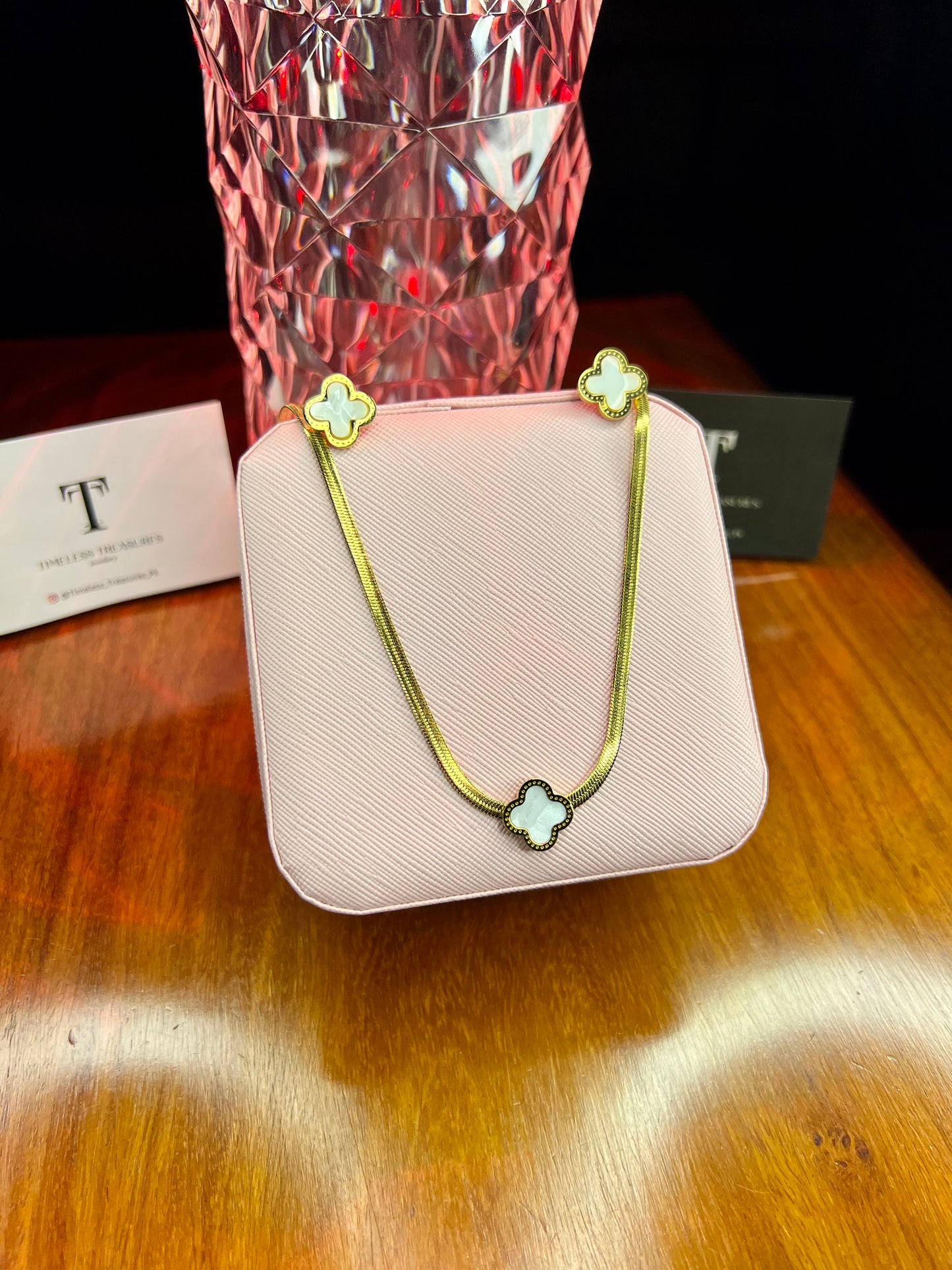 Premium Quality Stainless Steel 18k White Clover Necklace Earring Set