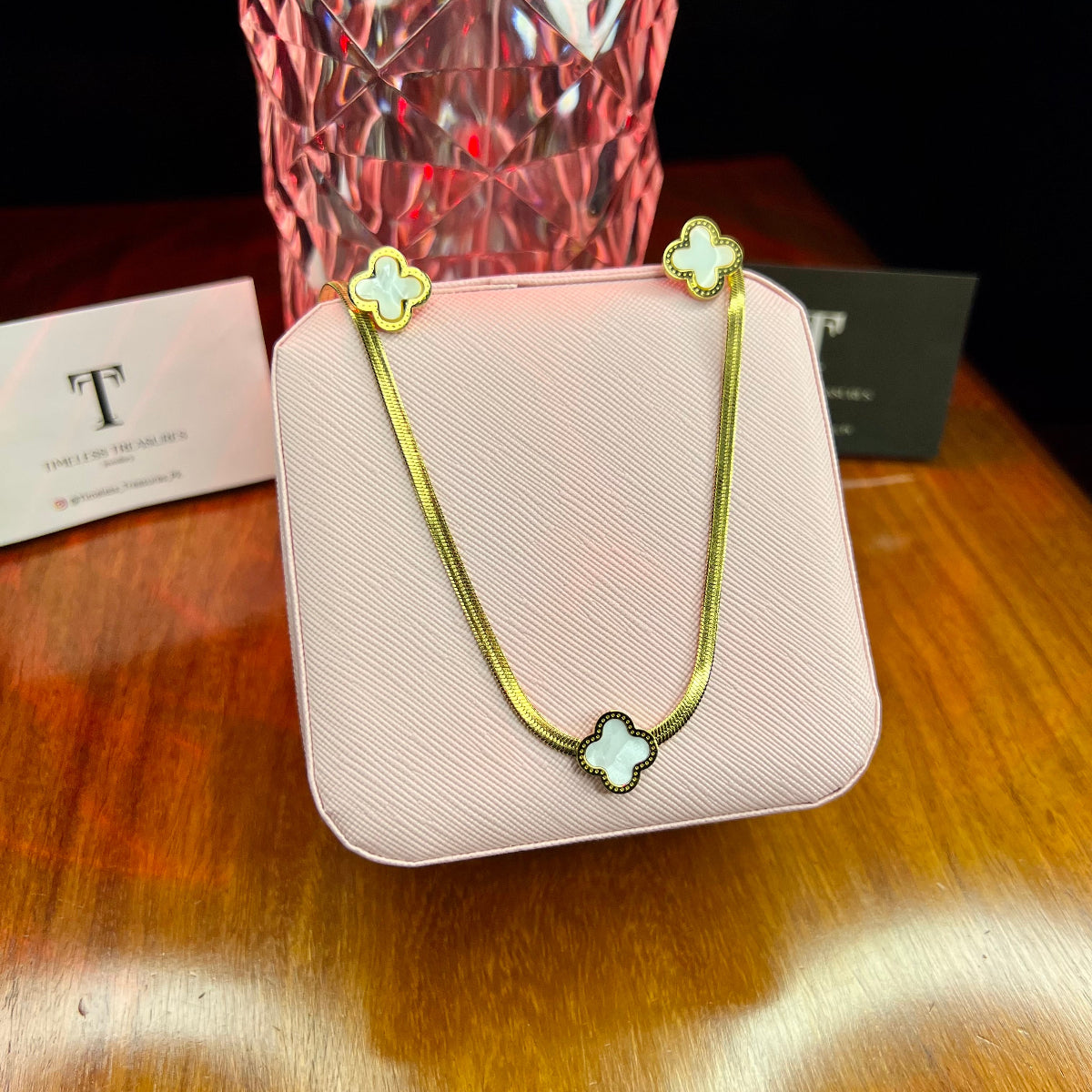 Premium Quality Stainless Steel 18k White Clover Necklace Earring Set