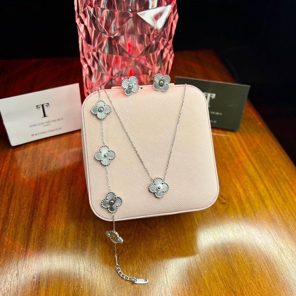 Premium Quality Stainless Steel 18k Silver Clover 3pc Set