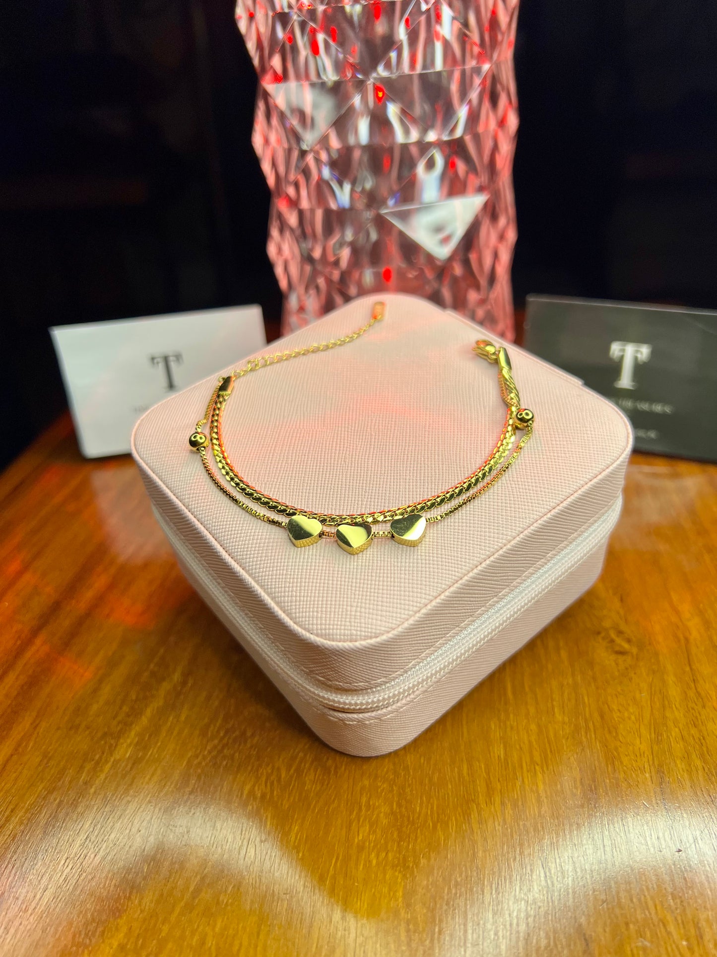 Premium Quality Stainless Steel 18k Golden Tri Heart Double Chain Luxury Bracelet