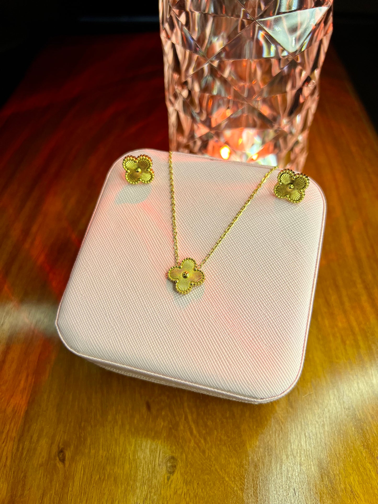 Premium Quality Stainless Steel 18k Golden Clover Necklace Earring Set