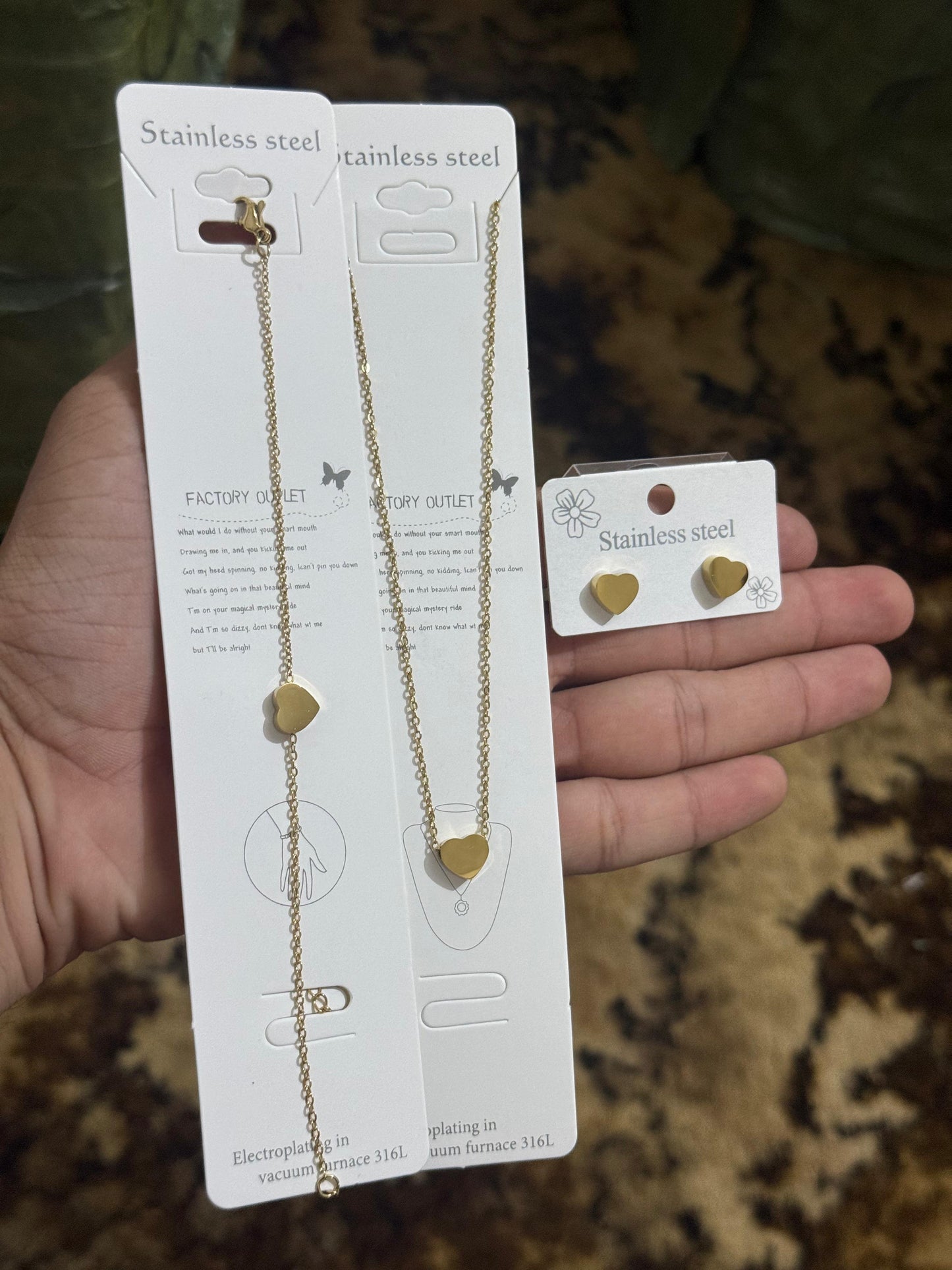 Premium Quality Stainless Steel 18k Plain Heart 3pc Complete Set