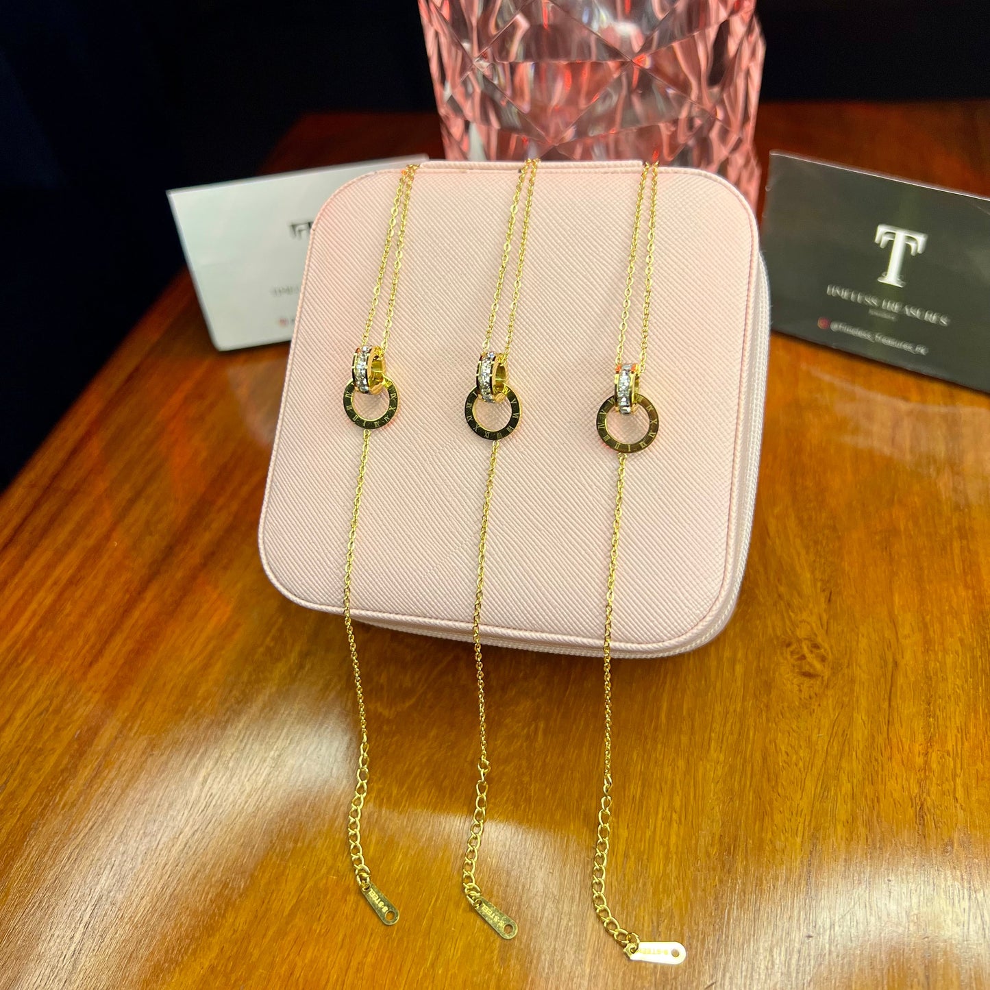 Premium Quality Stainless Steel 18k Zircon Ring Double Chain Bracelet