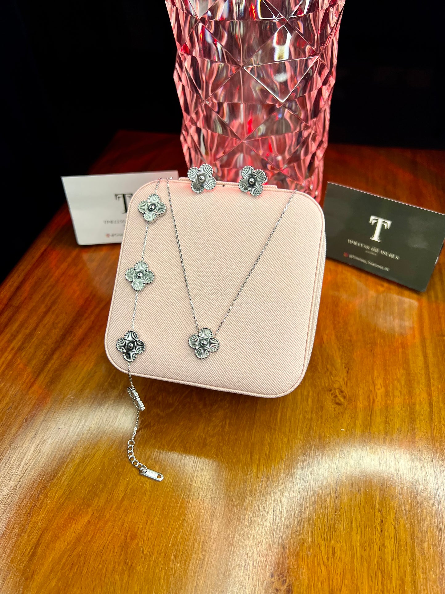 Premium Quality Stainless Steel 18k Silver Clover 3pc Set