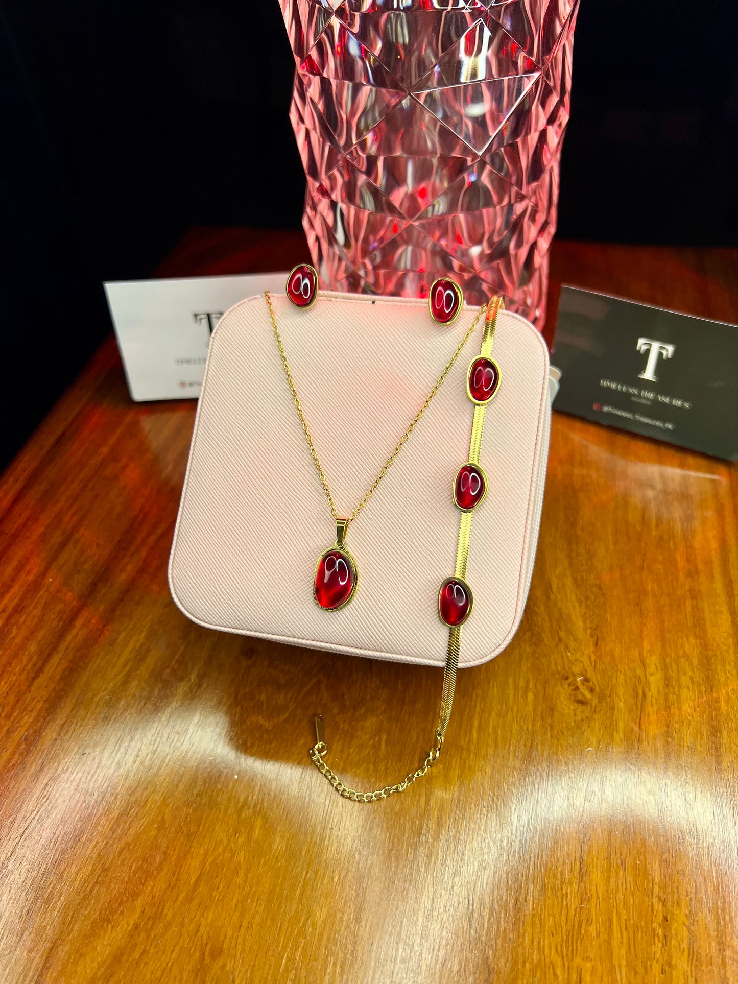 Premium Quality Stainless Steel 18k Red Stone 3pc Set