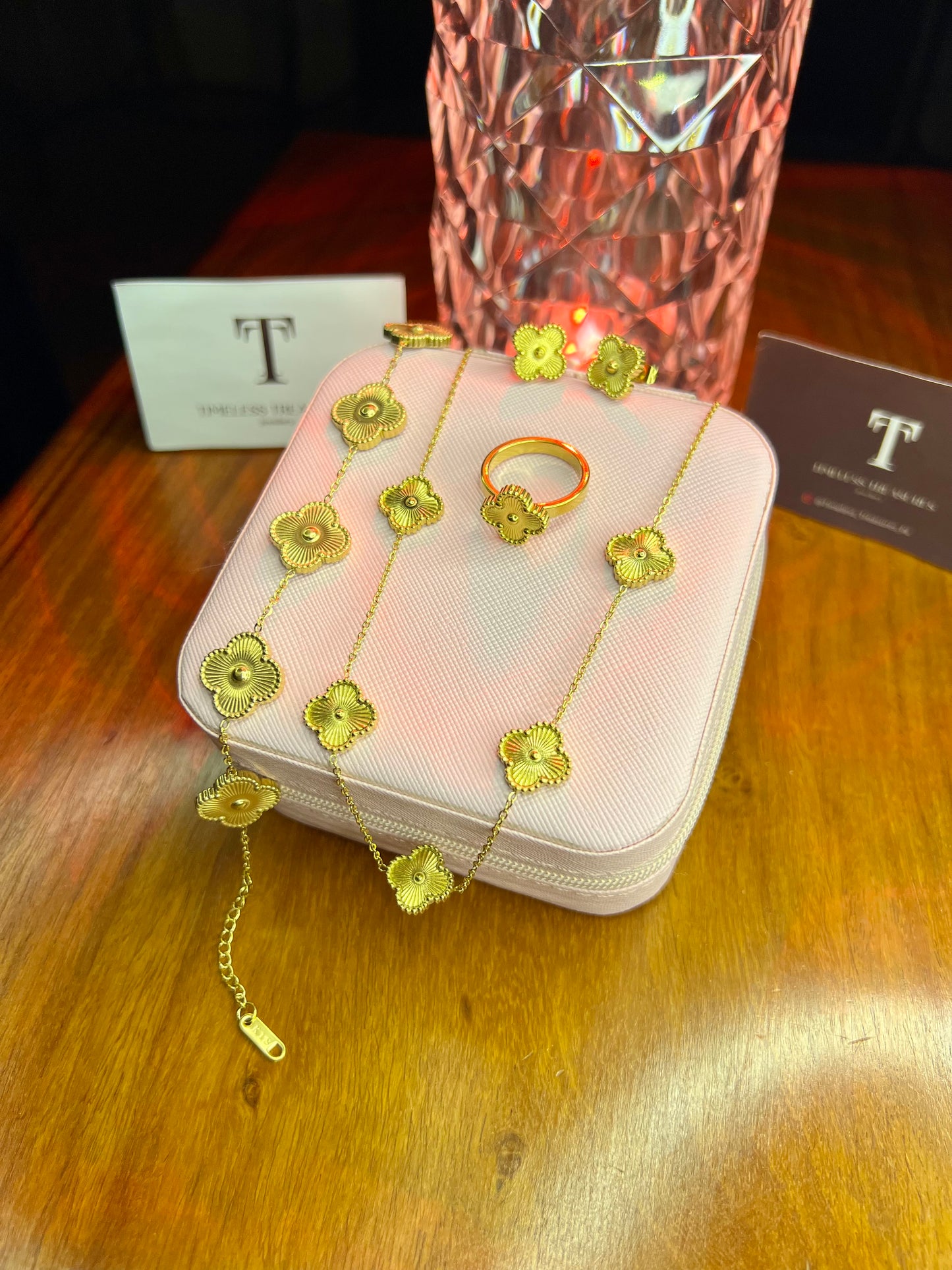 Premium Quality Stainless Steel 18k Gold Clover 4pc Set With 5 Clover Chain