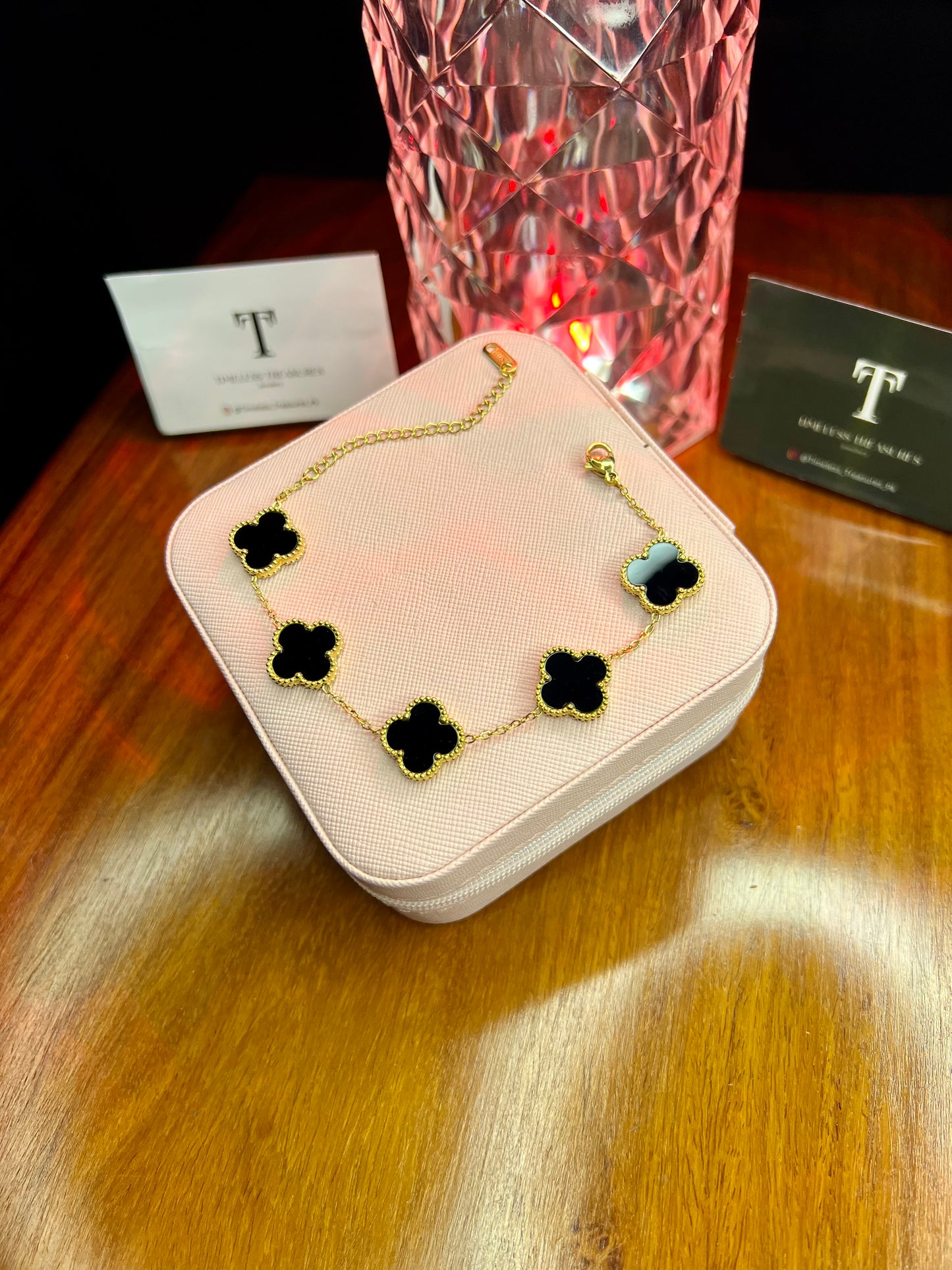 Premium Quality Stainless Steel 18k Black Clover 5 Motifs Bracelet