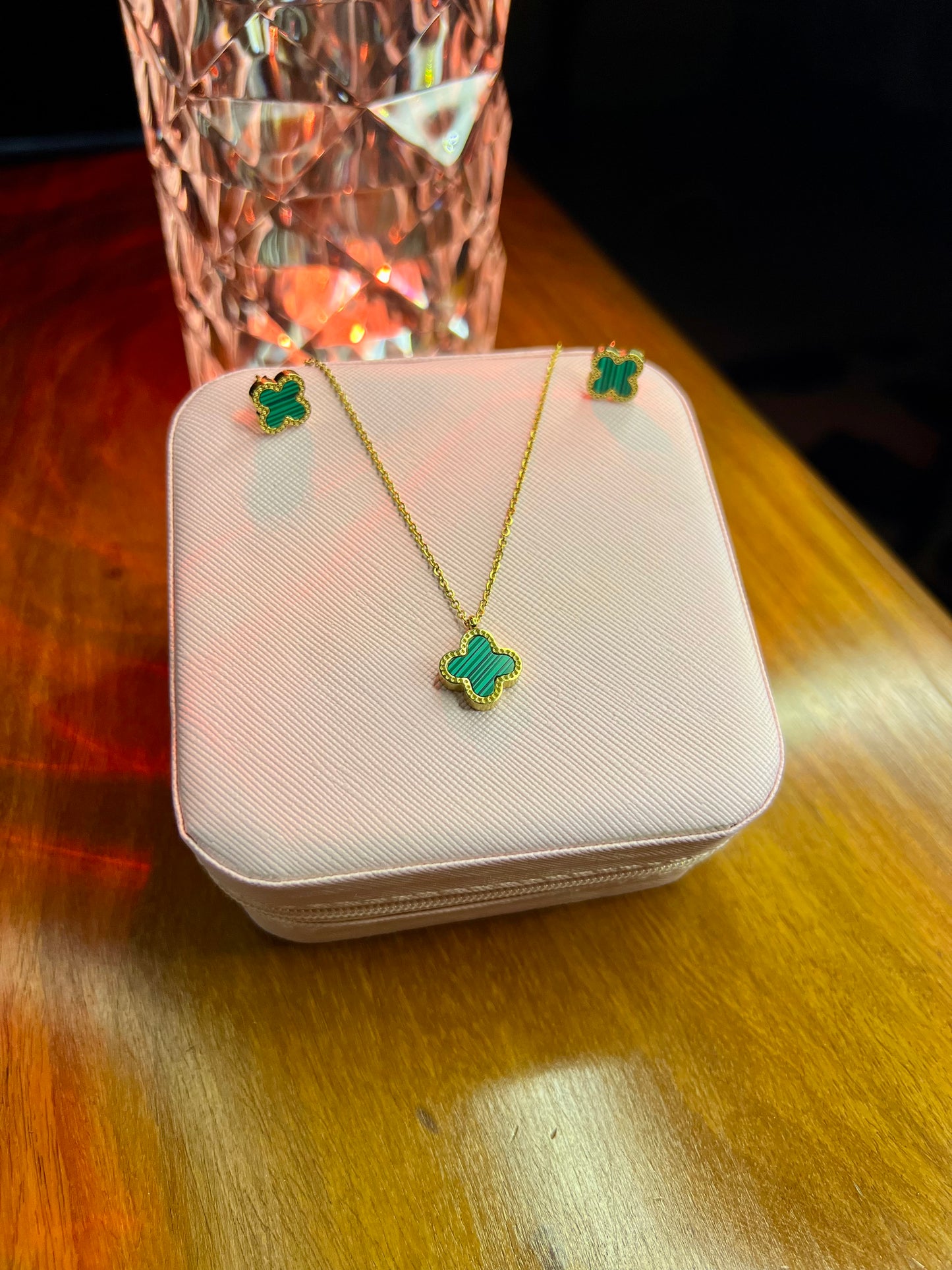 Premium Quality Stainless Steel 18k Green Clover Necklace Earring Set
