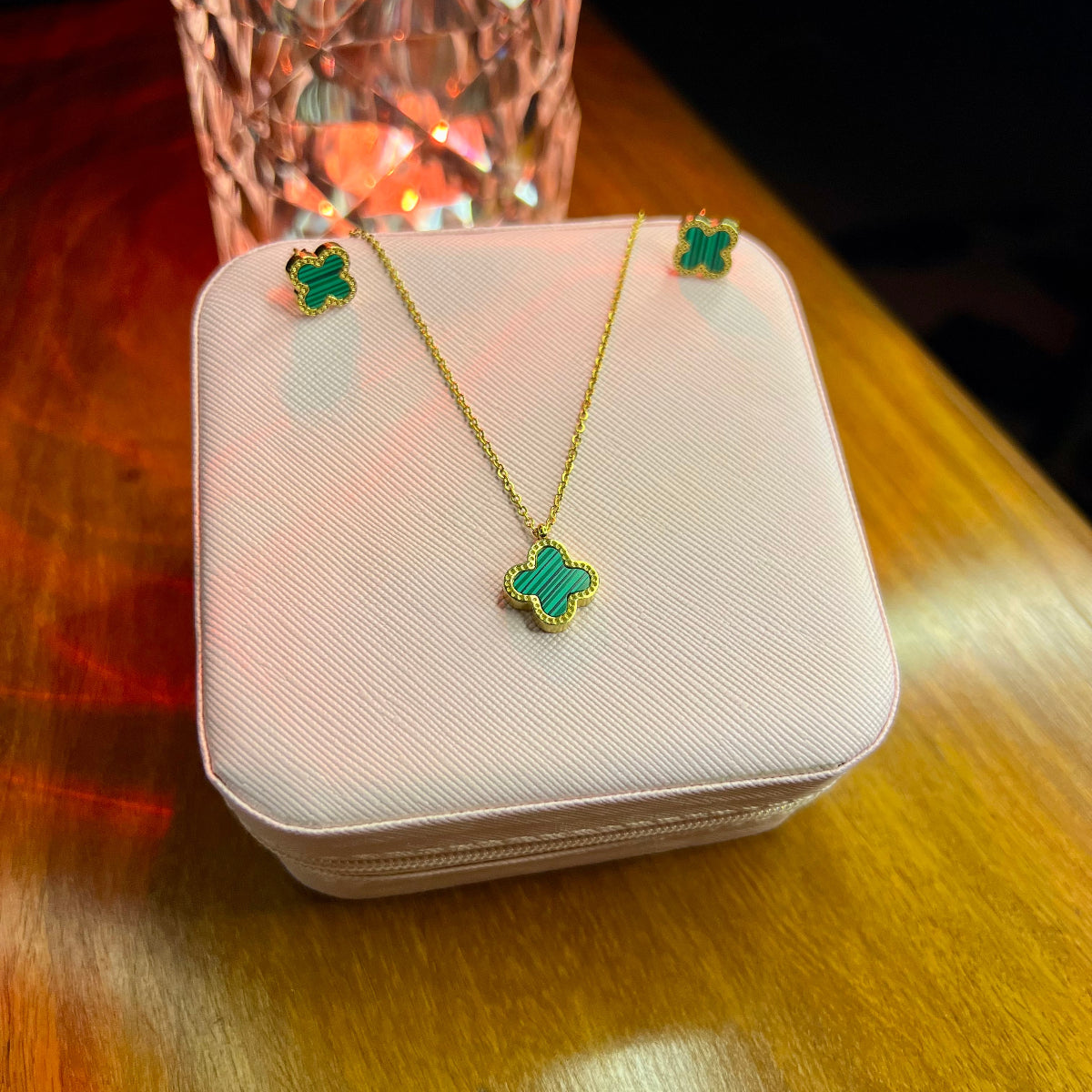 Premium Quality Stainless Steel 18k Green Clover Necklace Earring Set