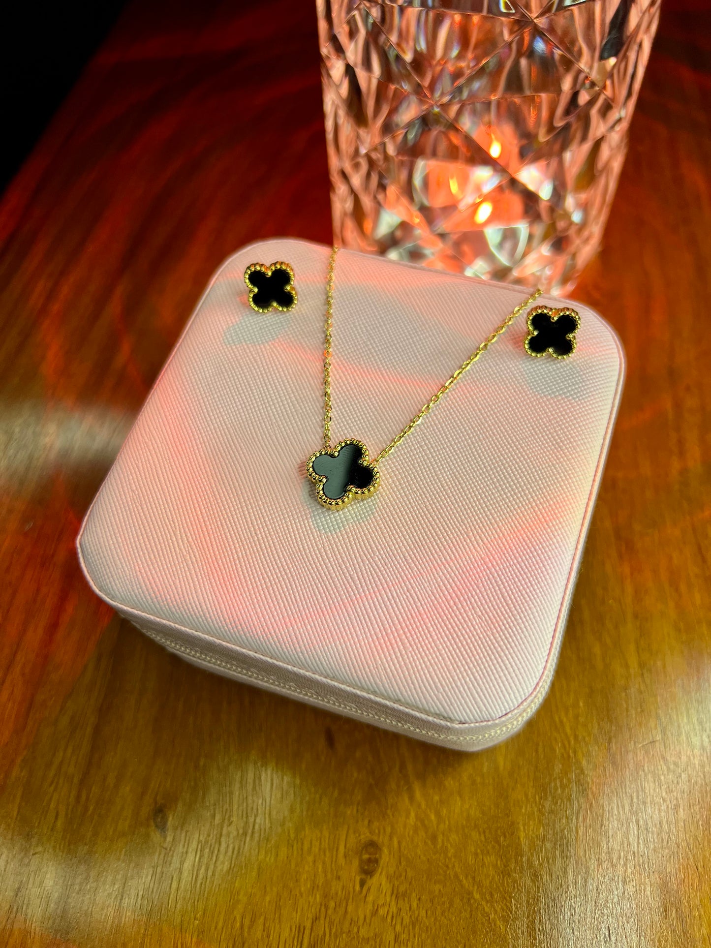 Premium Quality Stainless Steel 18k Black Clover Necklace Earring Set