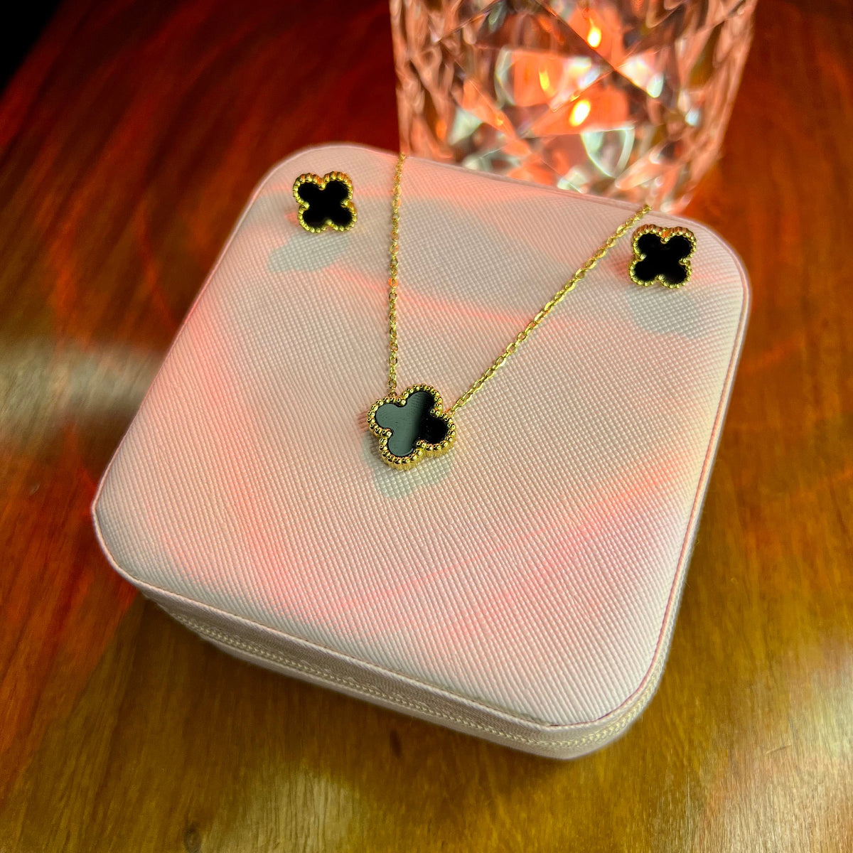 Premium Quality Stainless Steel 18k Black Clover Necklace Earring Set