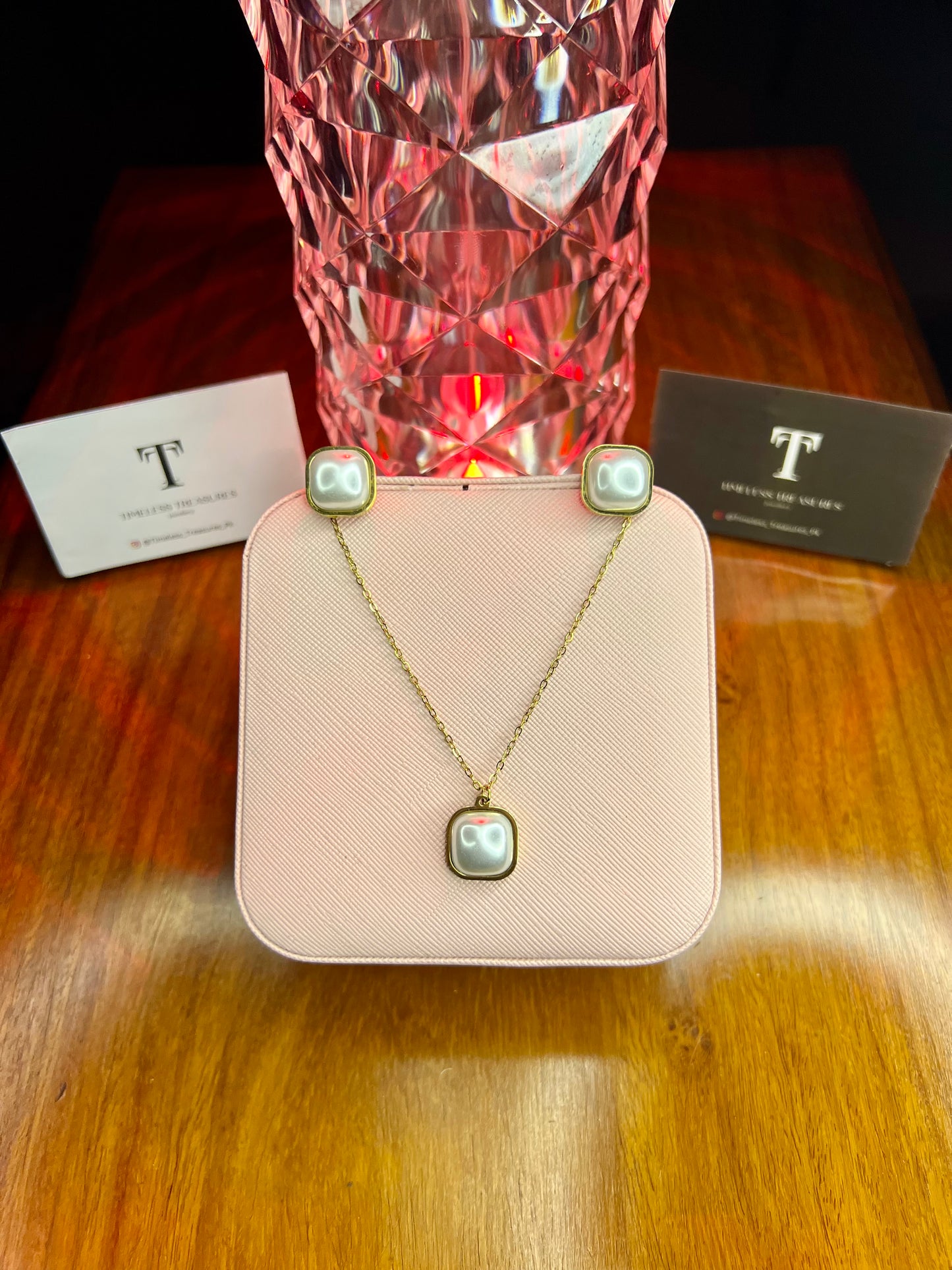 Premium Quality Stainless Steel 18k Pearl Necklace Earring Set