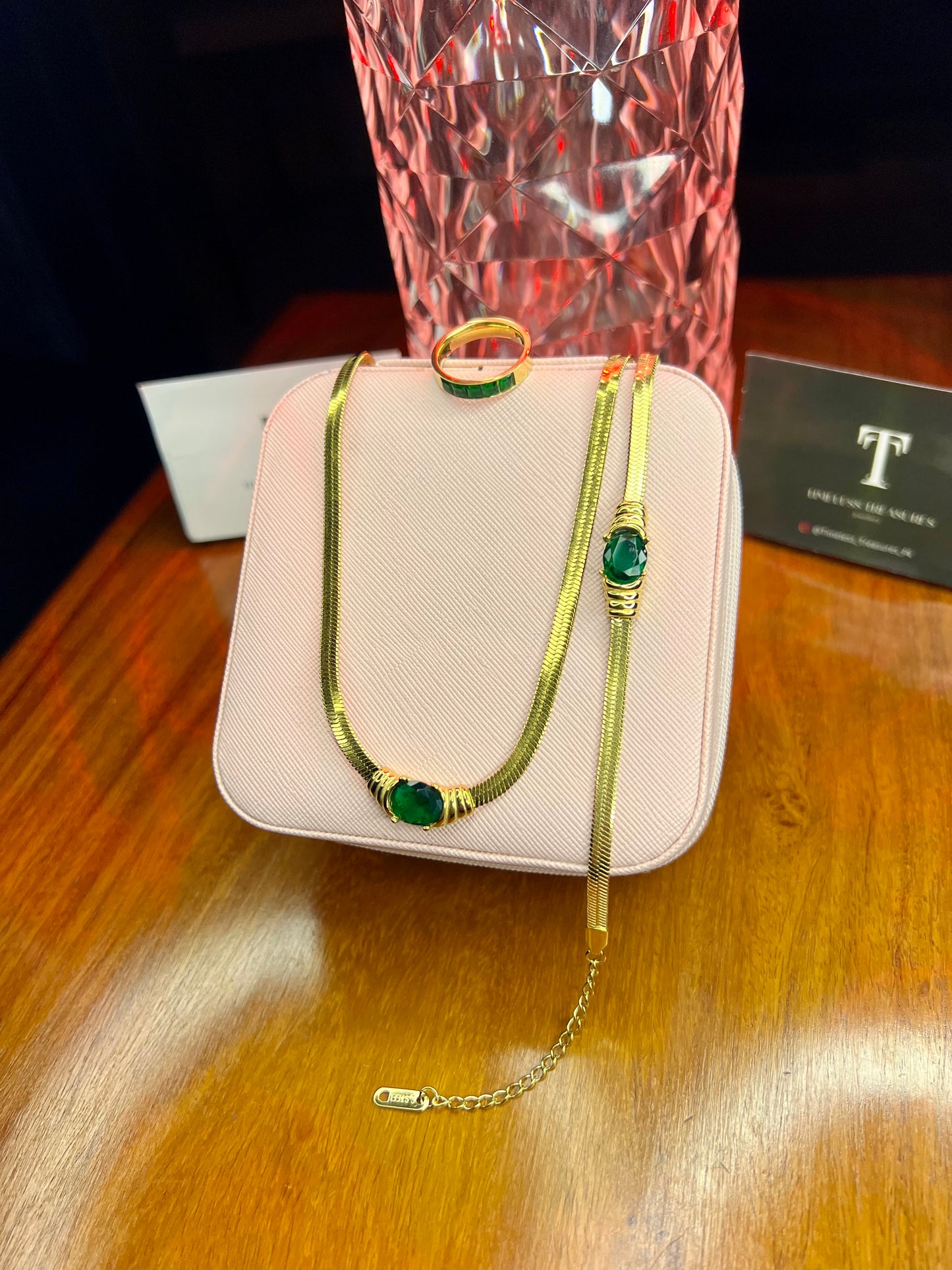 Premium Quality Stainless Steel 18k Green Stone 3pc Set