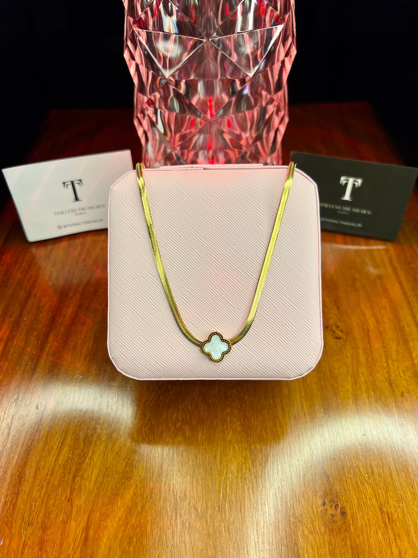 Premium Quality Stainless Steel 18k White Clover Snake Chain Necklace