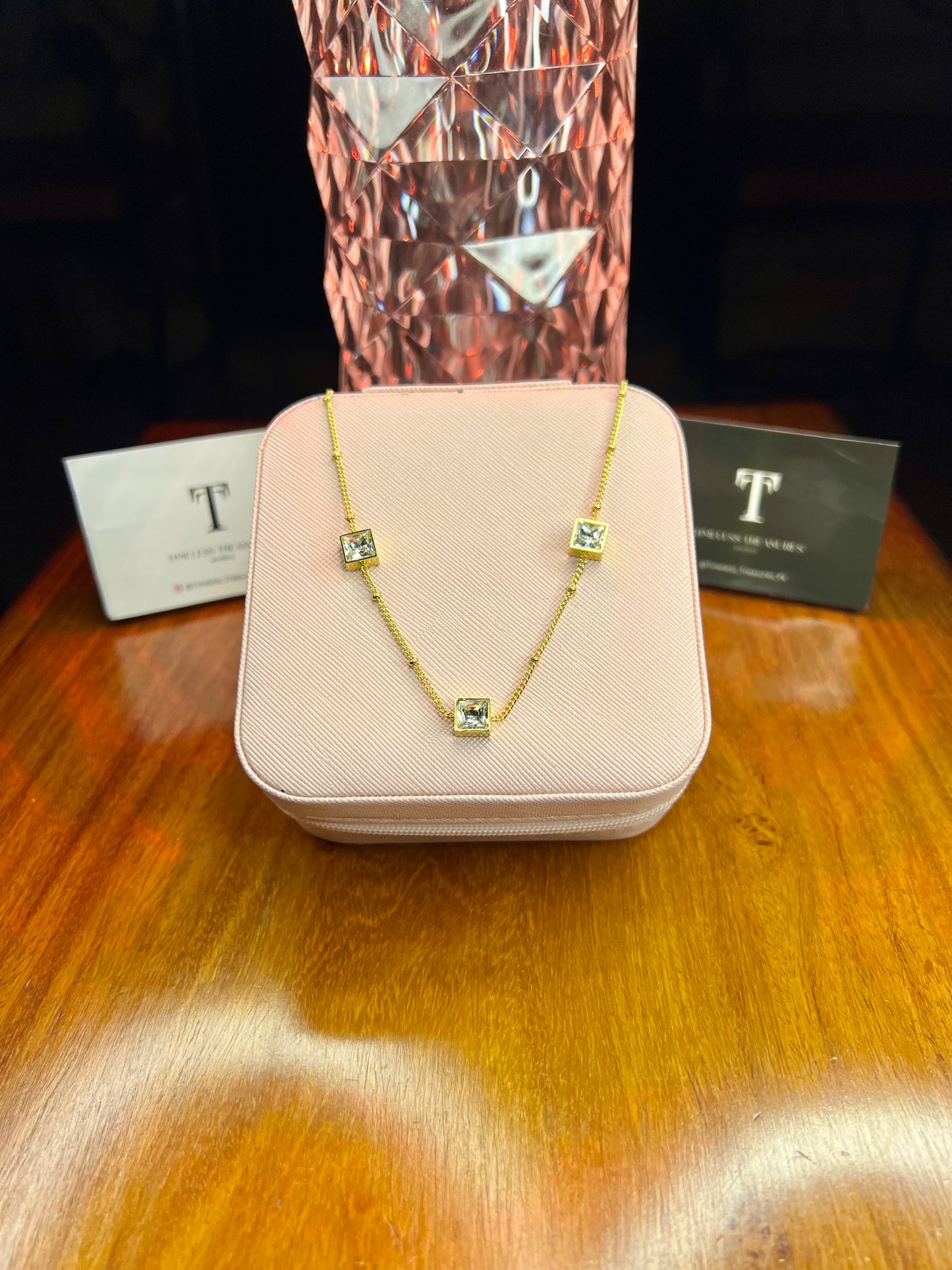 Premium Quality Stainless Steel 18k Tri Stone Luxury Necklace