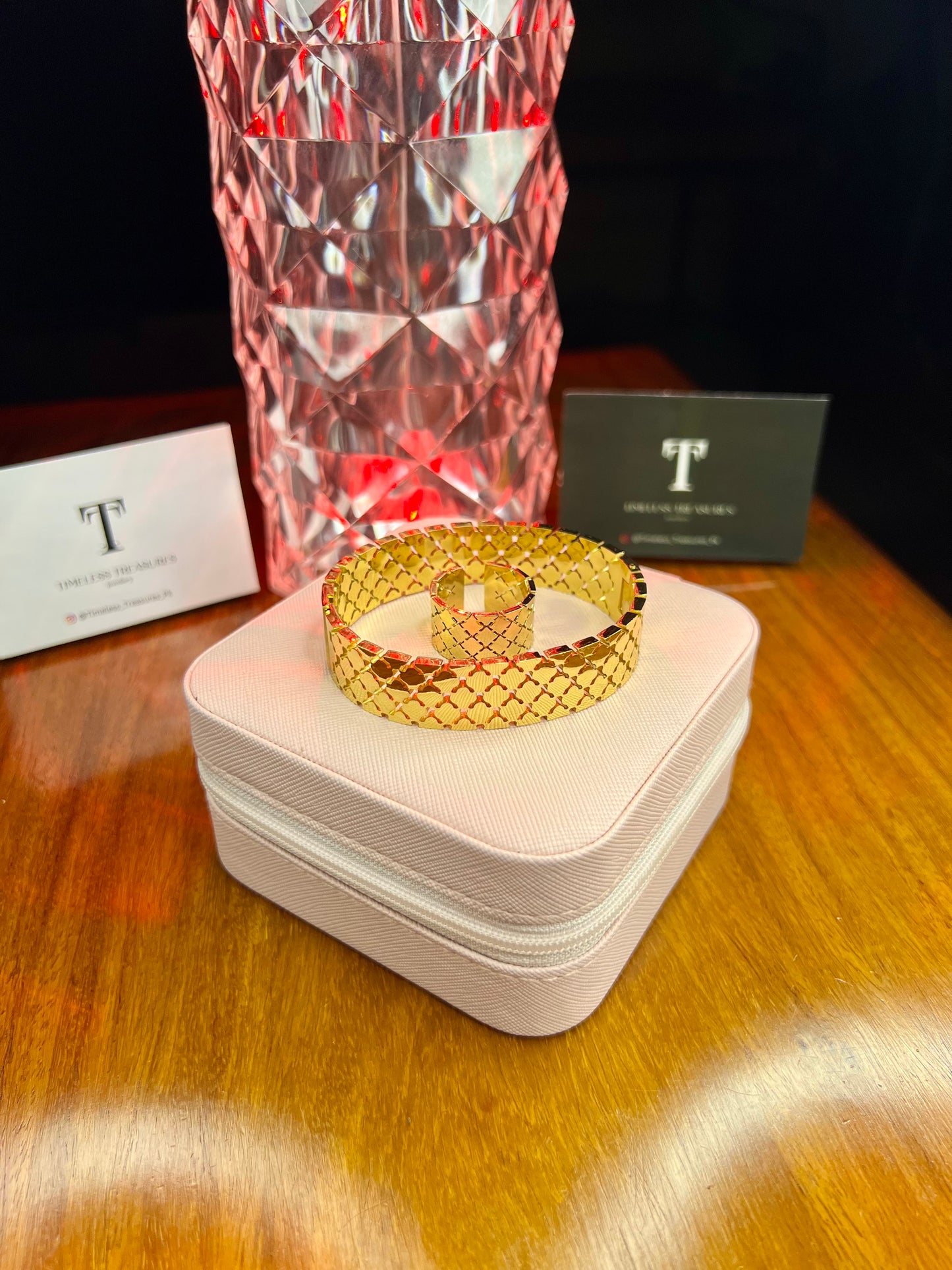 Premium Quality Stainless Steel 18k Honey Comb Handcuff and Ring Set