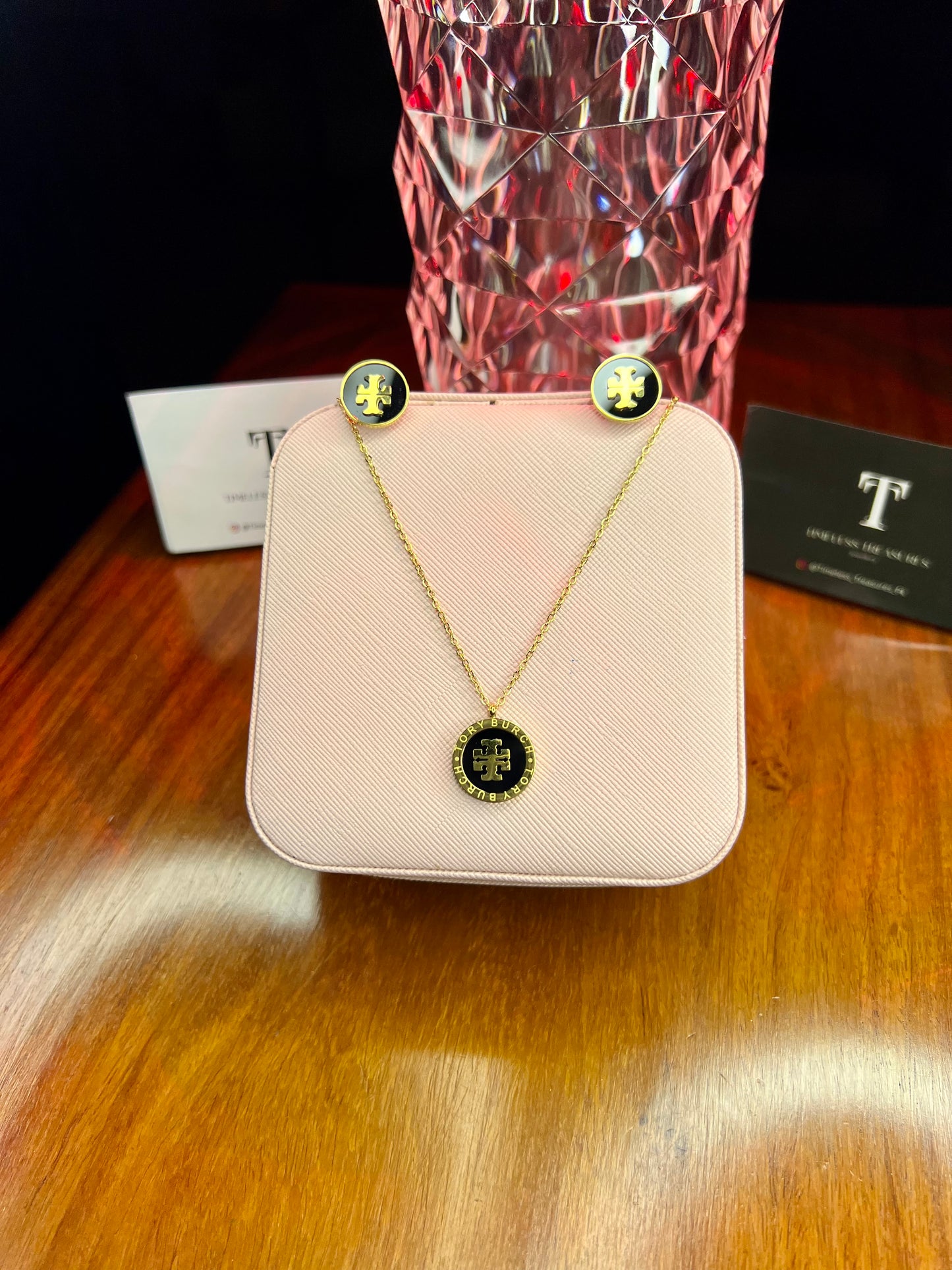 Premium Quality Stainless Steel 18k Tory Black N Gold Necklace Earring Set