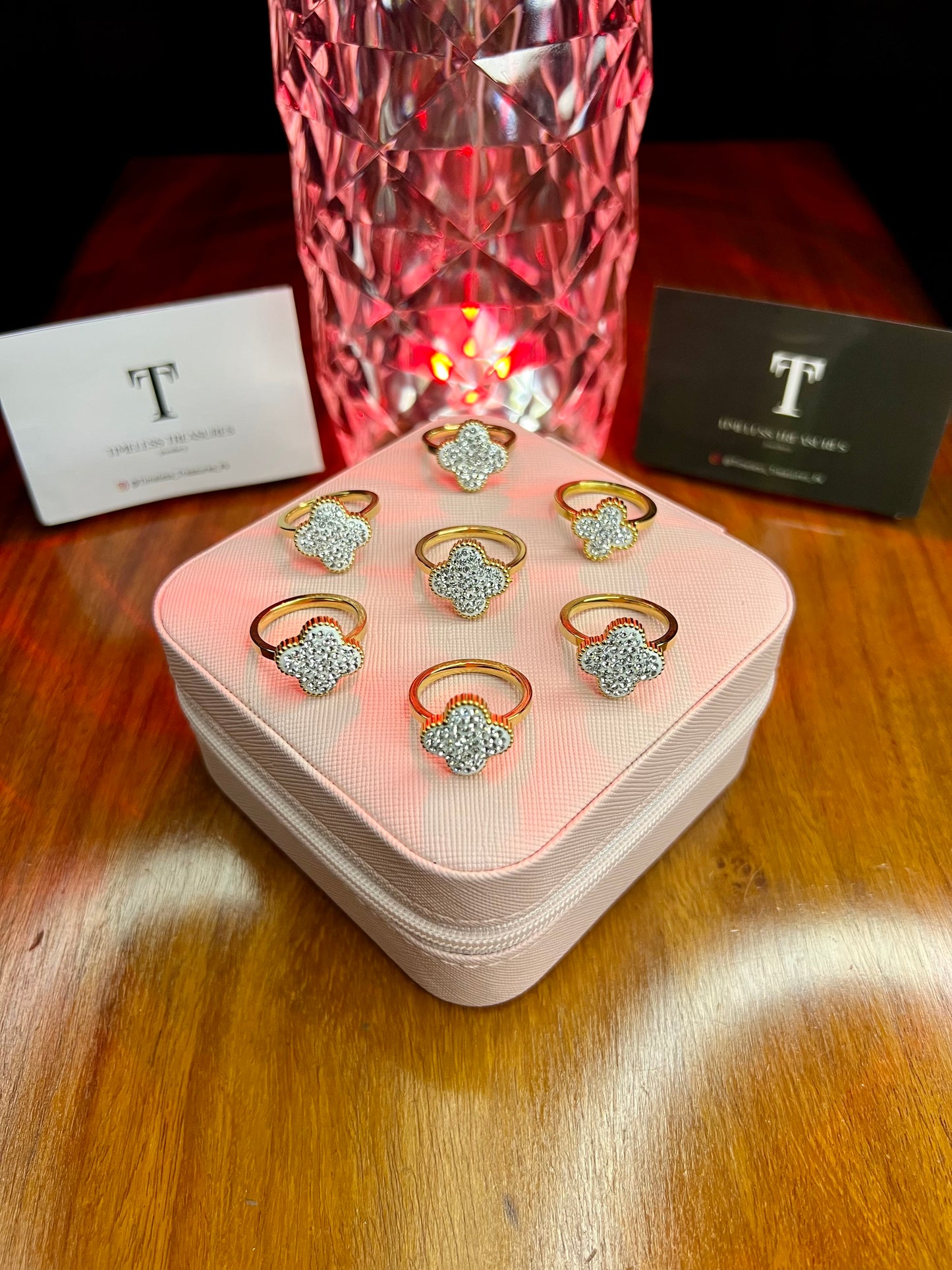 Premium Quality Stainless Steel 18k Silver Clover Diamantés Ring