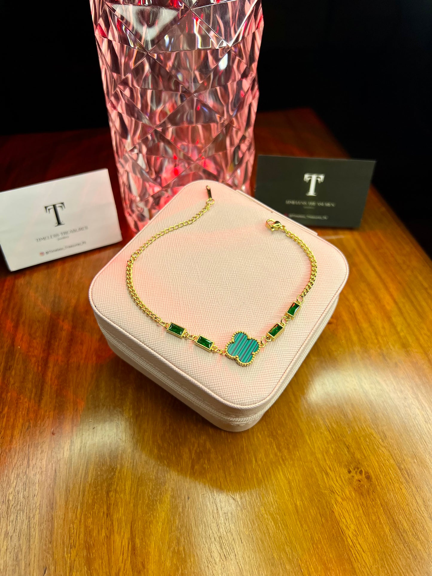 Premium Quality Stainless Steel 18k Green Clover Stone Bracelet