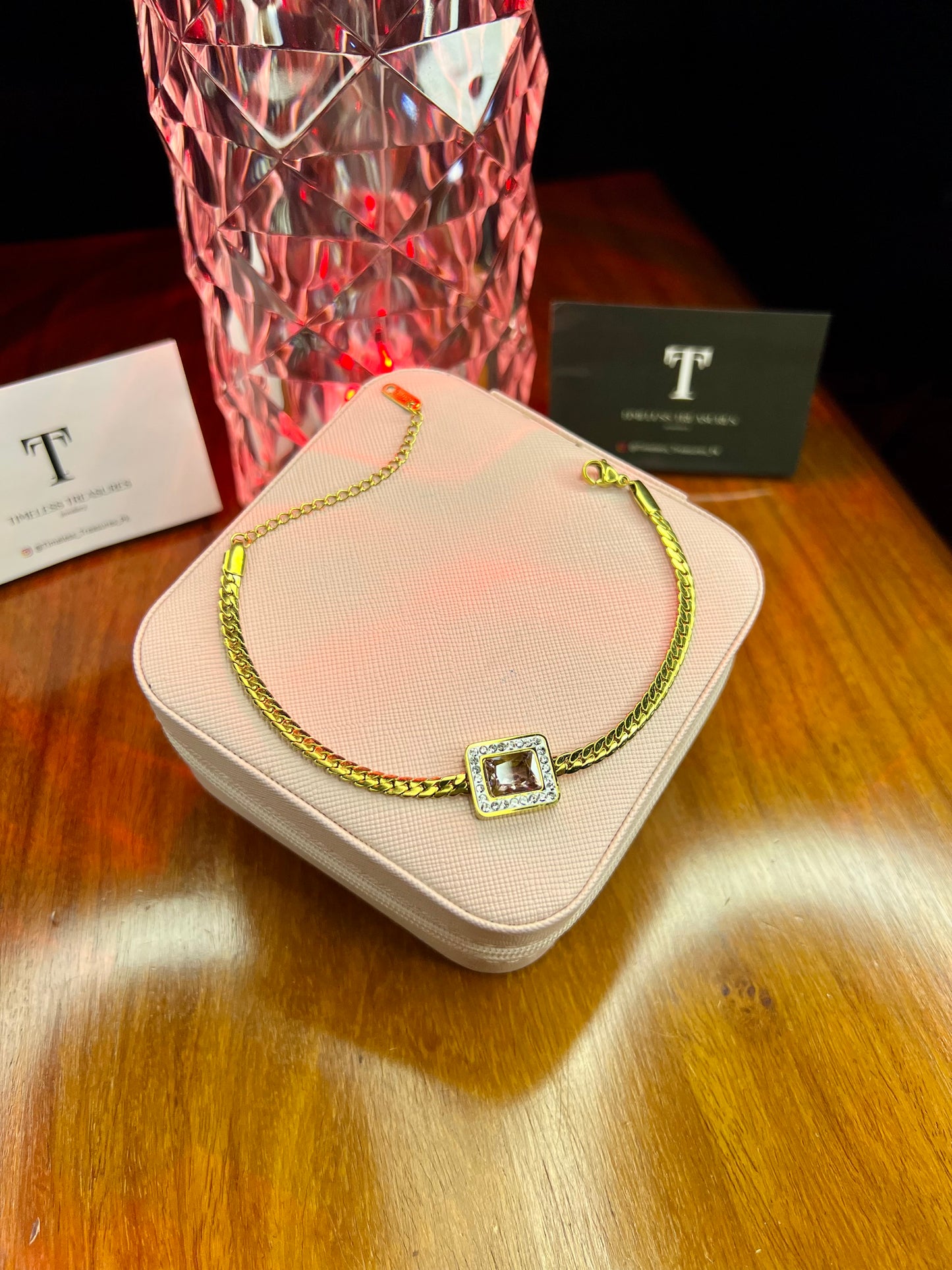 Premium Quality Stainless Steel 18k Pink Stone Chain Bracelet