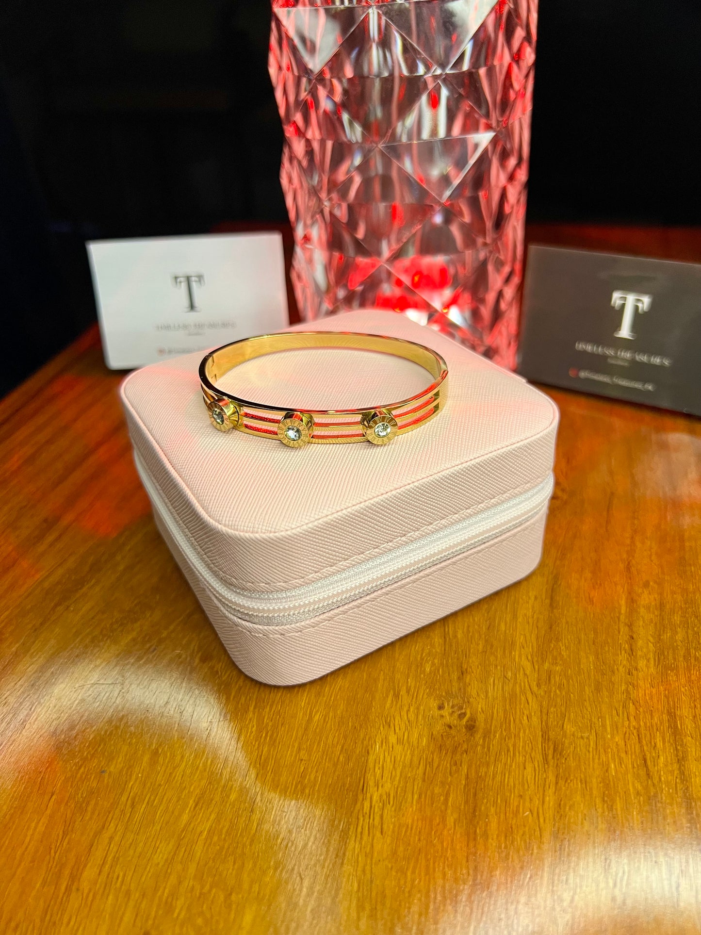 Premium Quality Stainless Steel 18k Tri Stone Golden Handcuff