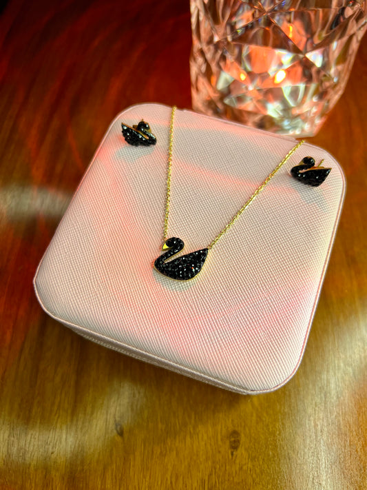 Premium Quality Stainless Steel 18k Black Swan Necklace Earring Set