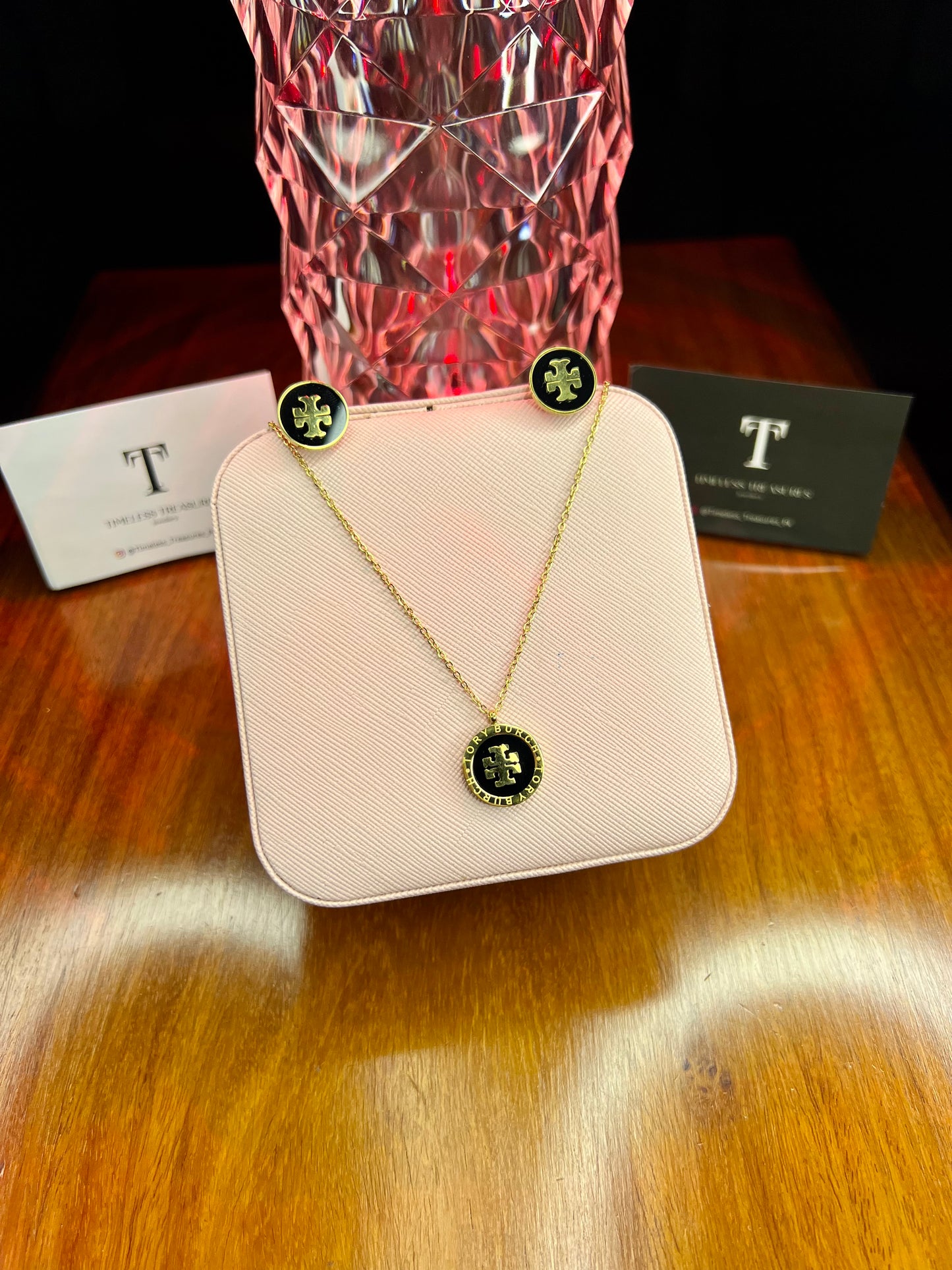 Premium Quality Stainless Steel 18k Tory Black N Gold Necklace Earring Set