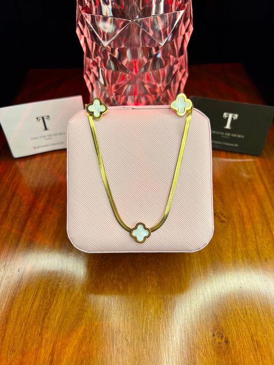 Premium Quality Stainless Steel 18k White Clover Necklace Earring Set