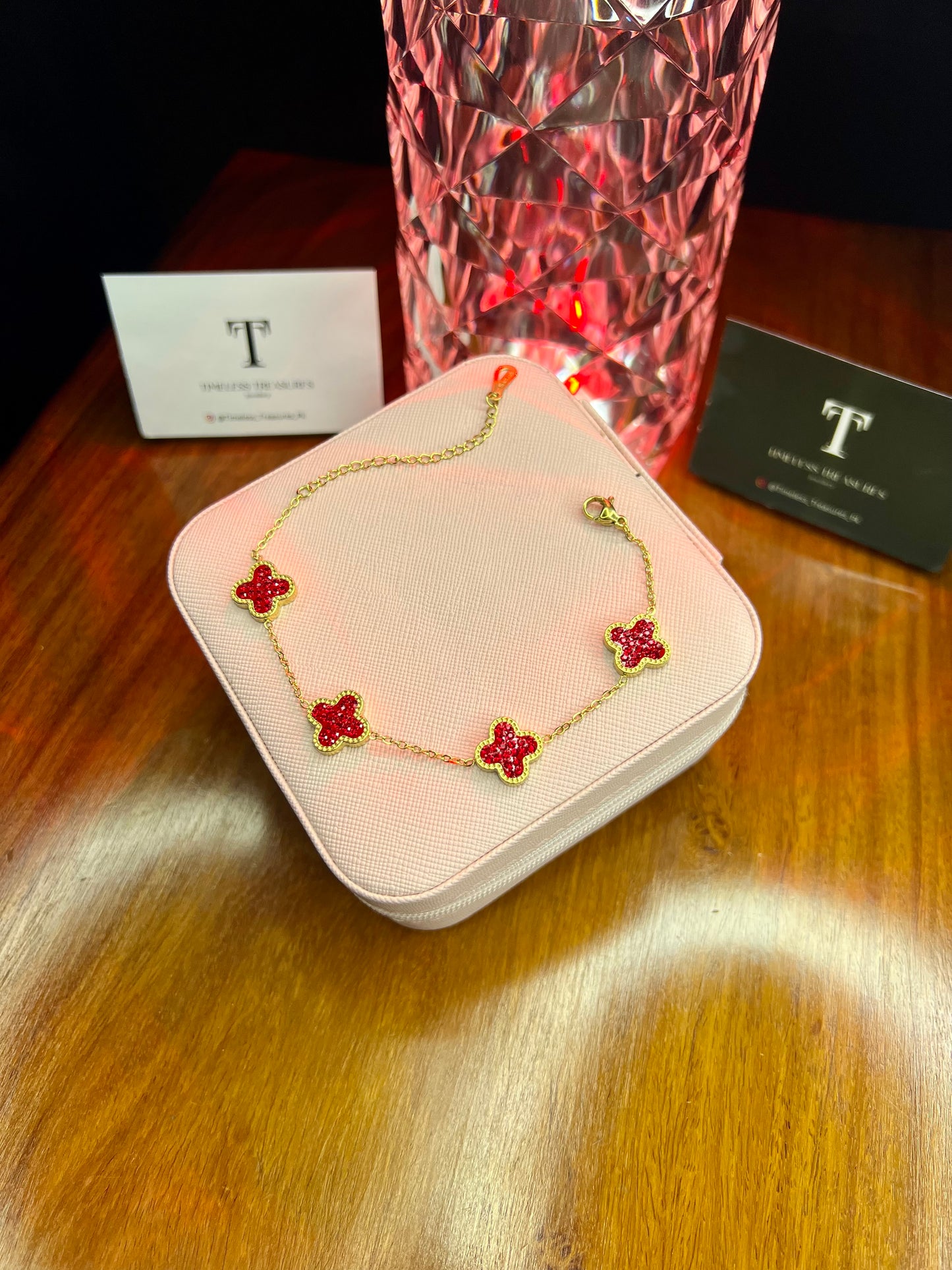 Premium Quality Stainless Steel 18k Red Clover Cystal Bracelet