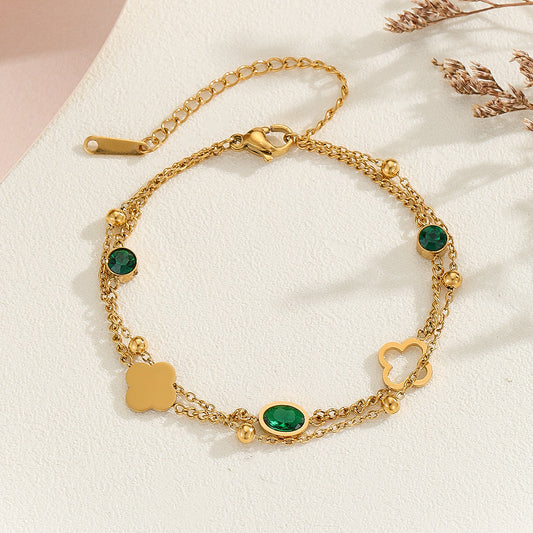 Premium Quality Stainless Steel 18k Double Chain Green Stone Clove Bracelet