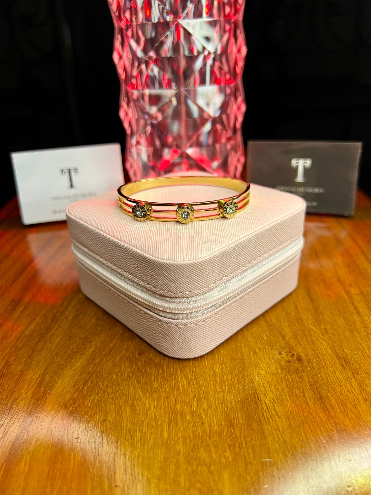 Premium Quality Stainless Steel 18k Tri Stone Golden Handcuff