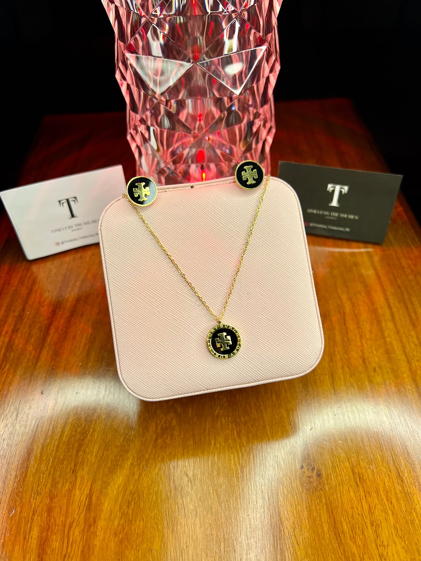 Premium Quality Stainless Steel 18k Tory Black N Gold Necklace Earring Set