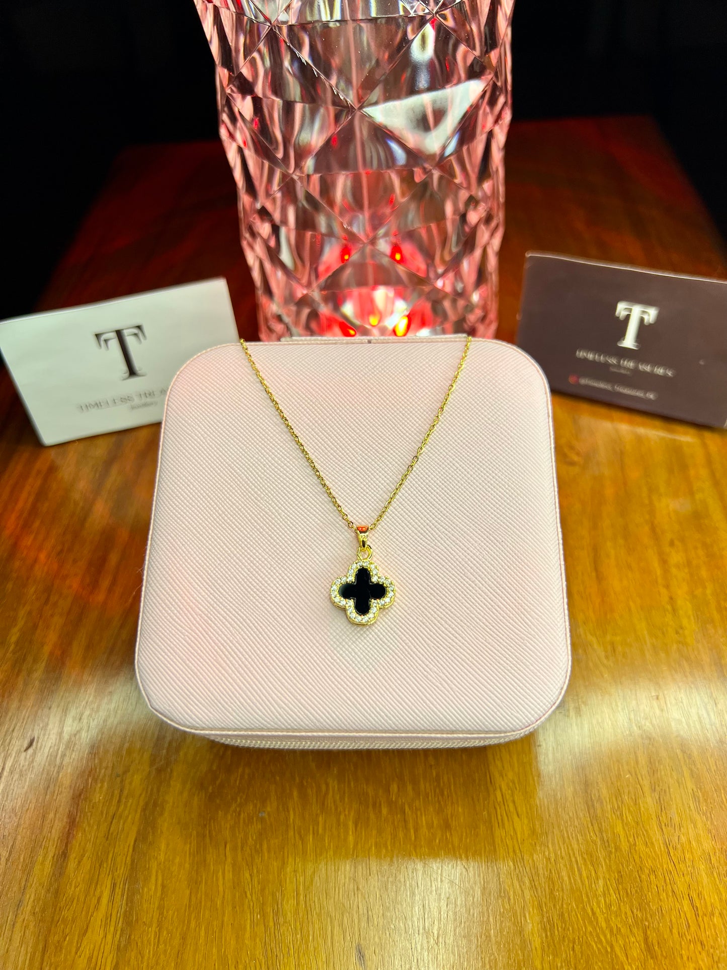 Premium Quality Stainless Steel 18k Double Side Black/White Clover Necklace