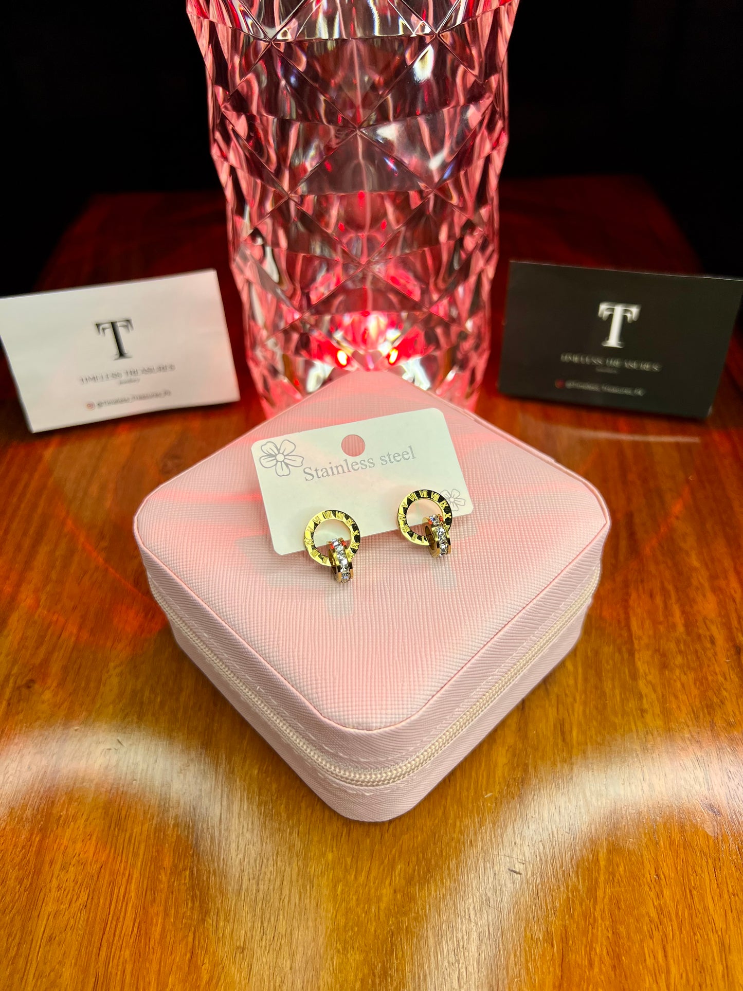 Premium Quality Stainless Steel 18k Roman Ring Stone Earrings