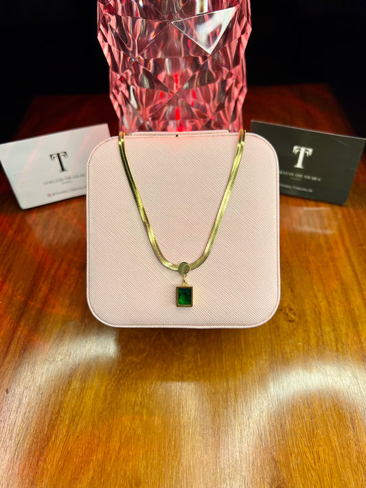 Premium Quality Stainless Steel 18k Green Stone Snake Chain Necklace