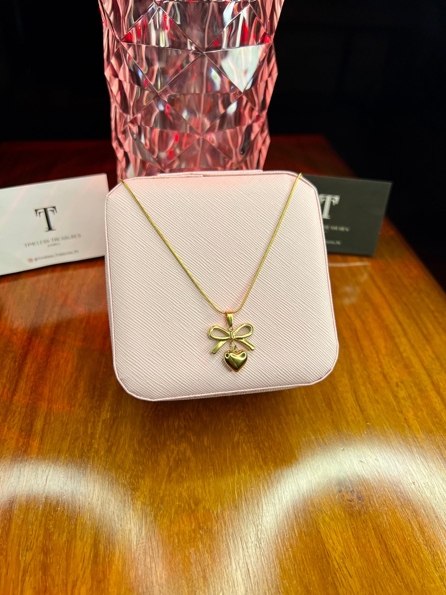 Premium Quality Stainless Steel 18k Golden Heart Bow Necklace
