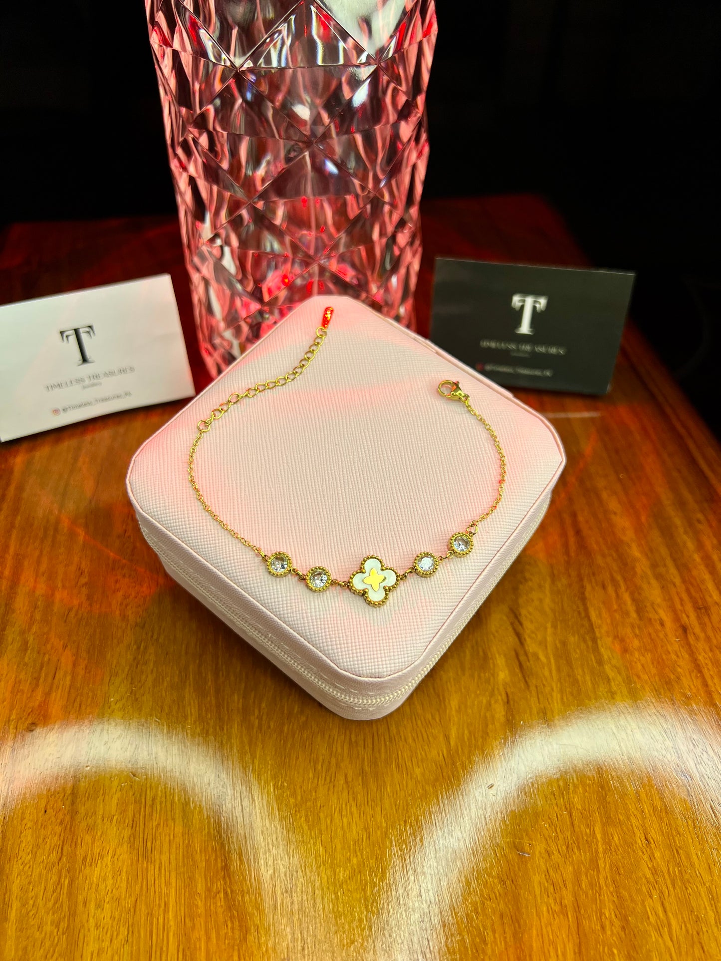 Premium Quality Stainless Steel 18k Zircon Clover Chain Bracelet