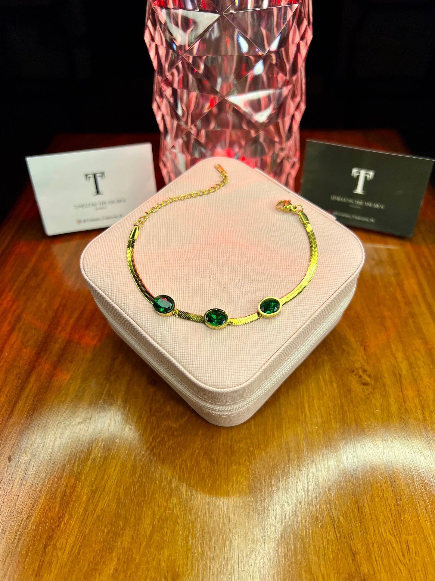 Premium Quality Stainless Steel 18k Green Stone Snake Chain Bracelet